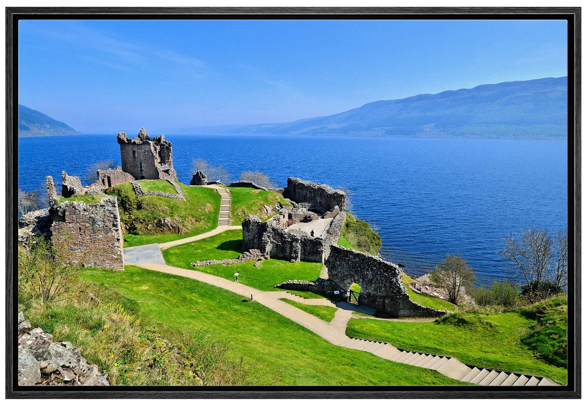 Beautiful Scenery Landscape Of Ruins Of Urquhart Castle Along Loch Ness Scotland - Framed Canvas Art Wall Art - 24''X36'' Black