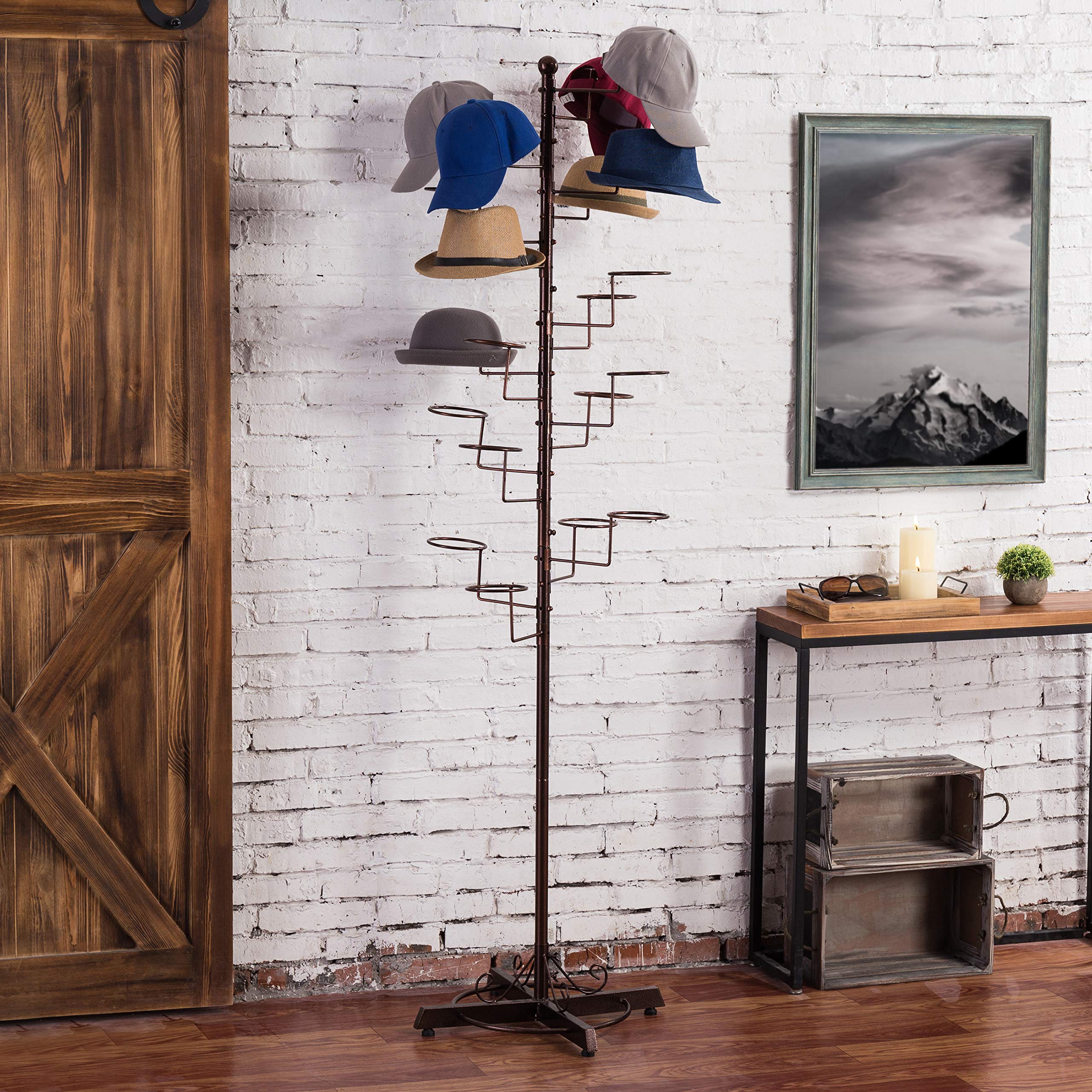 Mygift Modern Large Commercial Freestanding Hat Rack For Baseball Caps, Dark Brown Metal Retail Wig Stand Hat Tree For Store Dis