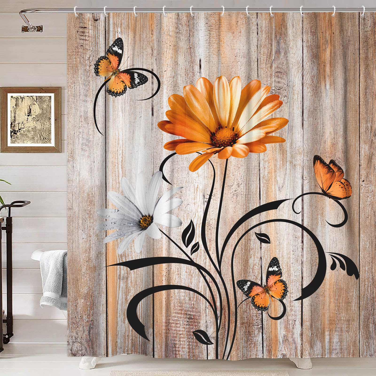 Rustic Farmhouse Floral Fall Shower Curtain, Farm Boho Orange Daisy Flowers And Butterfly On Country Wooden Shower Curtain For B