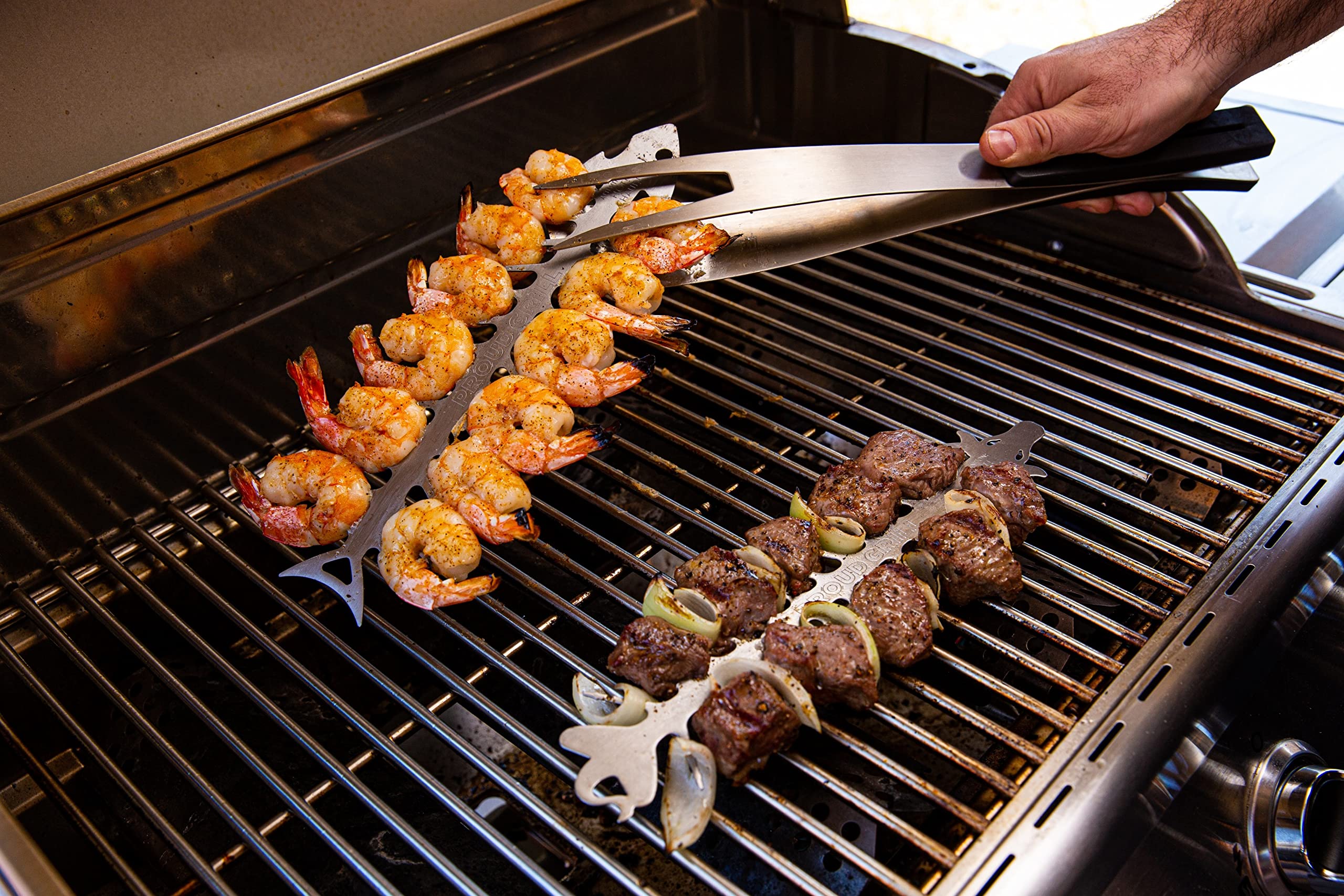 Proud Grill Slide & Serve Bbq Skewers - Set Of 4 Stainless Steel Reusable Barbecue Skewers | Ideal For Grilling Shish Kabobs | U