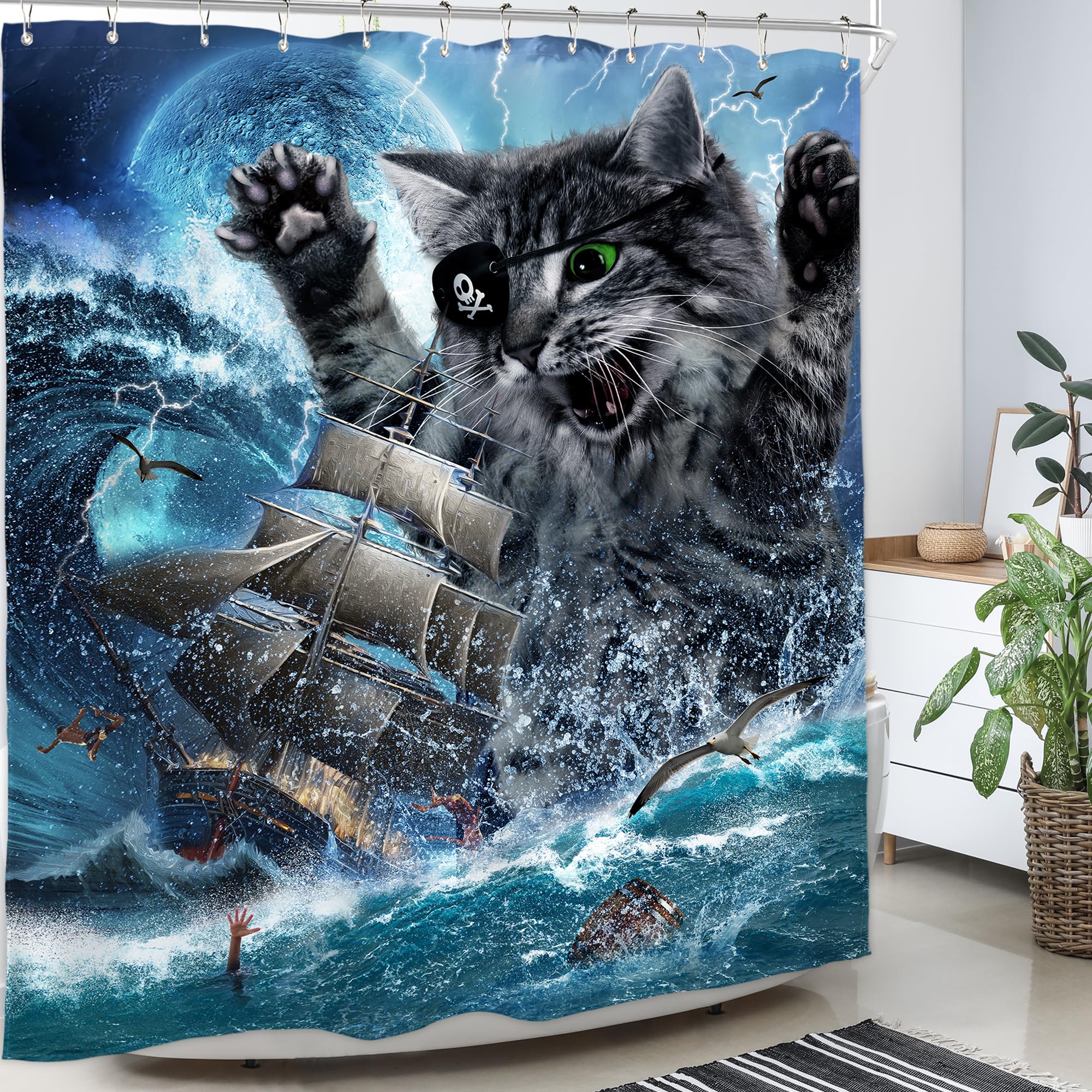 Homewelle Funny Cat Shower Curtain Pirate Ship Sea Ocean Waves Nautical Sailboat Moon Cool Animal Beach Seagull Cute For Kids Bo