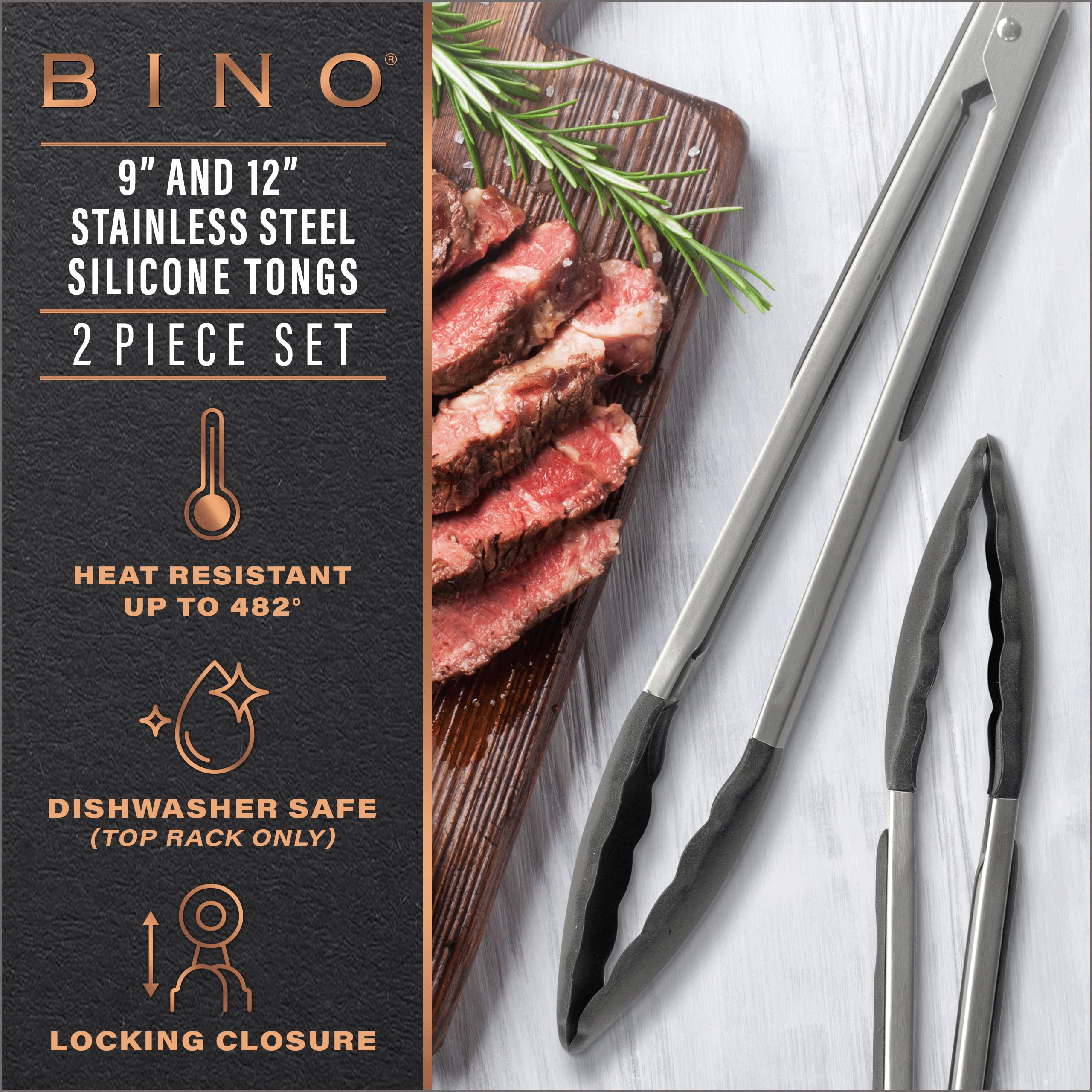Bino 2-Piece Silicone Tipped Stainless Steel Tongs Set - Black | Locking Tongs | Kitchen Utensil & Tool For Cooking & Serving |