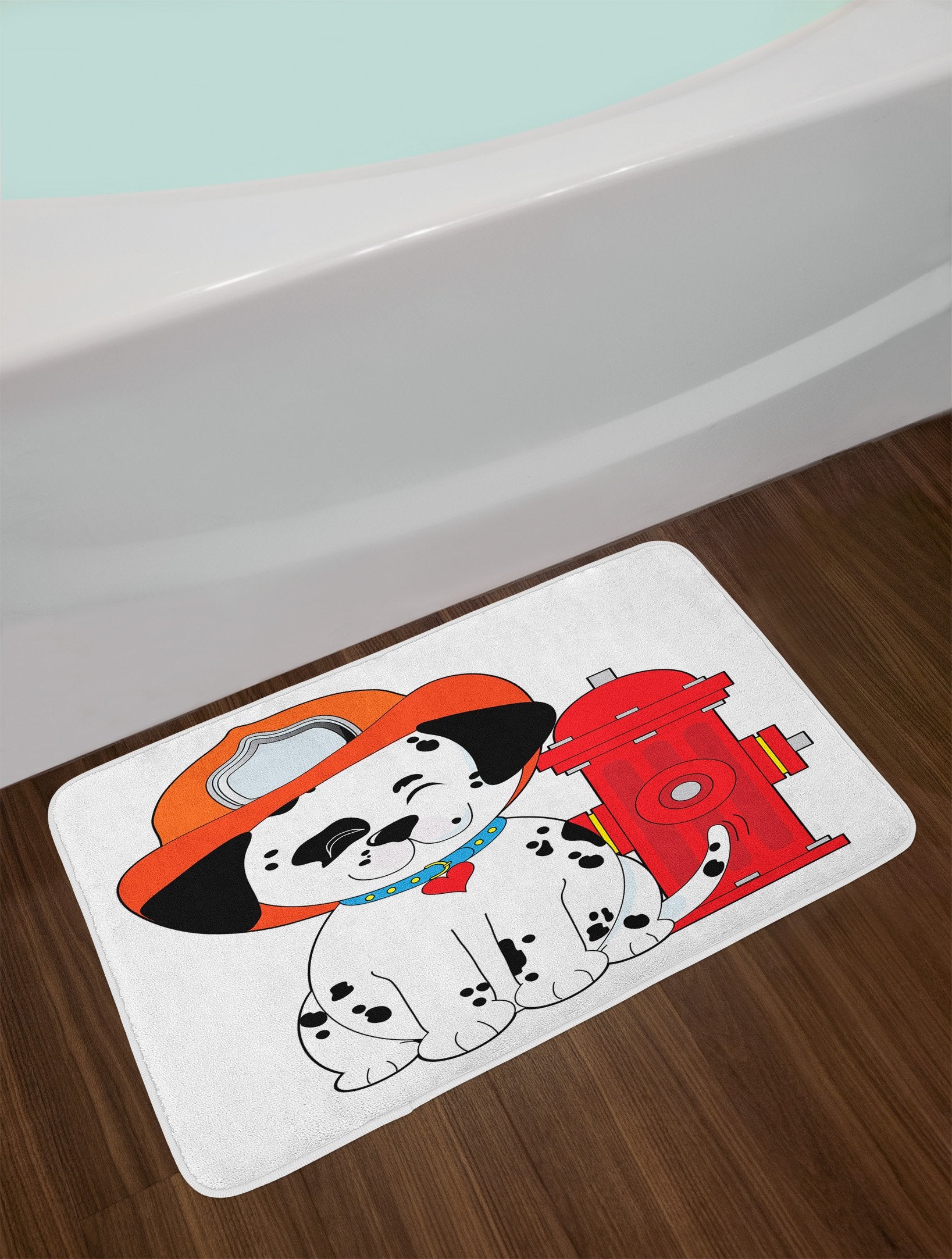 Lunarable Service Bath Mat, Cartoon Style Dalmatian Puppy Wiggling Its Tail Illustration, Plush Bathroom Decor Mat With Non Slip