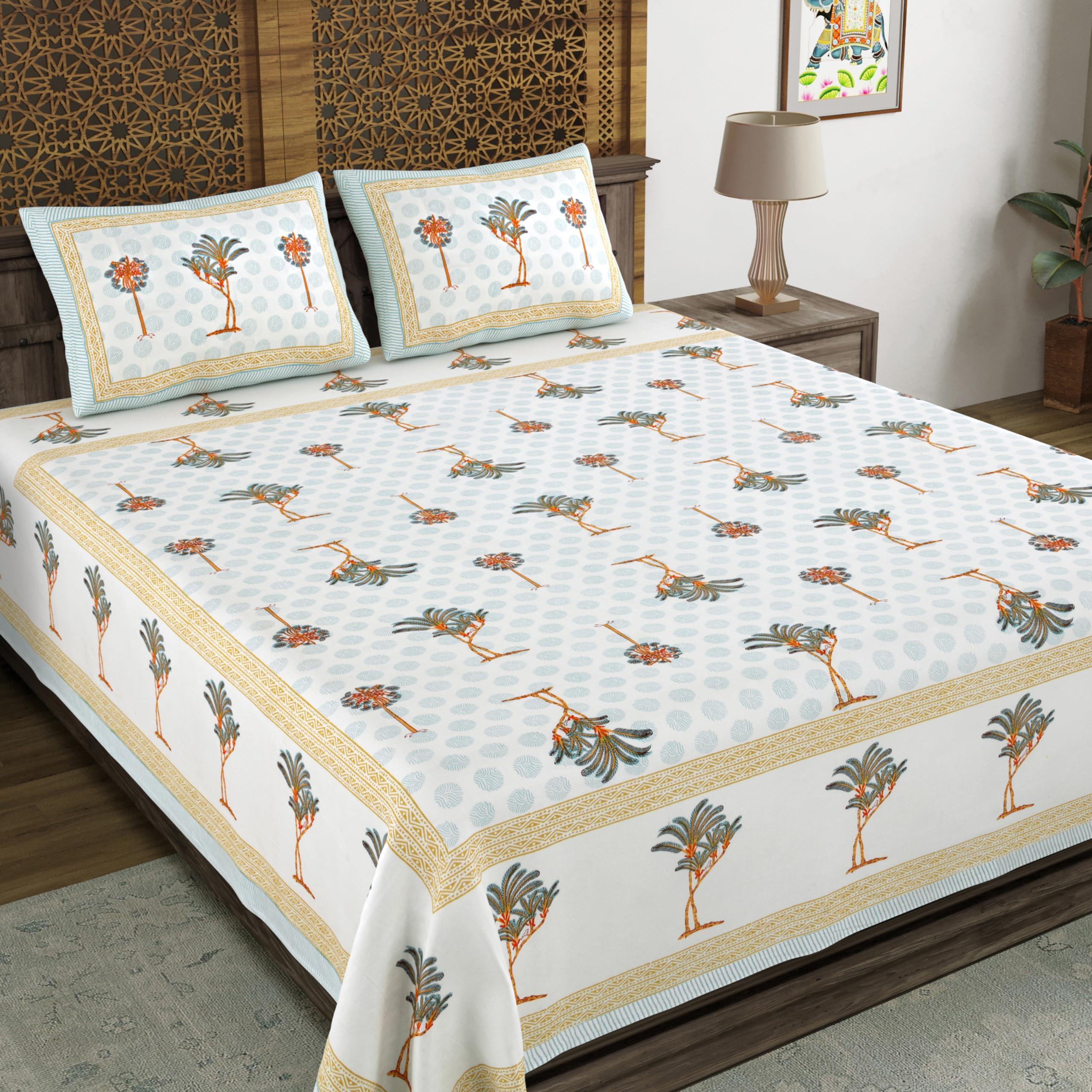 Blocks Of India Hand Block Printed 200 Tc Cotton Super King Size Bedsheet(106 X 106) (Grey Orange Tree)