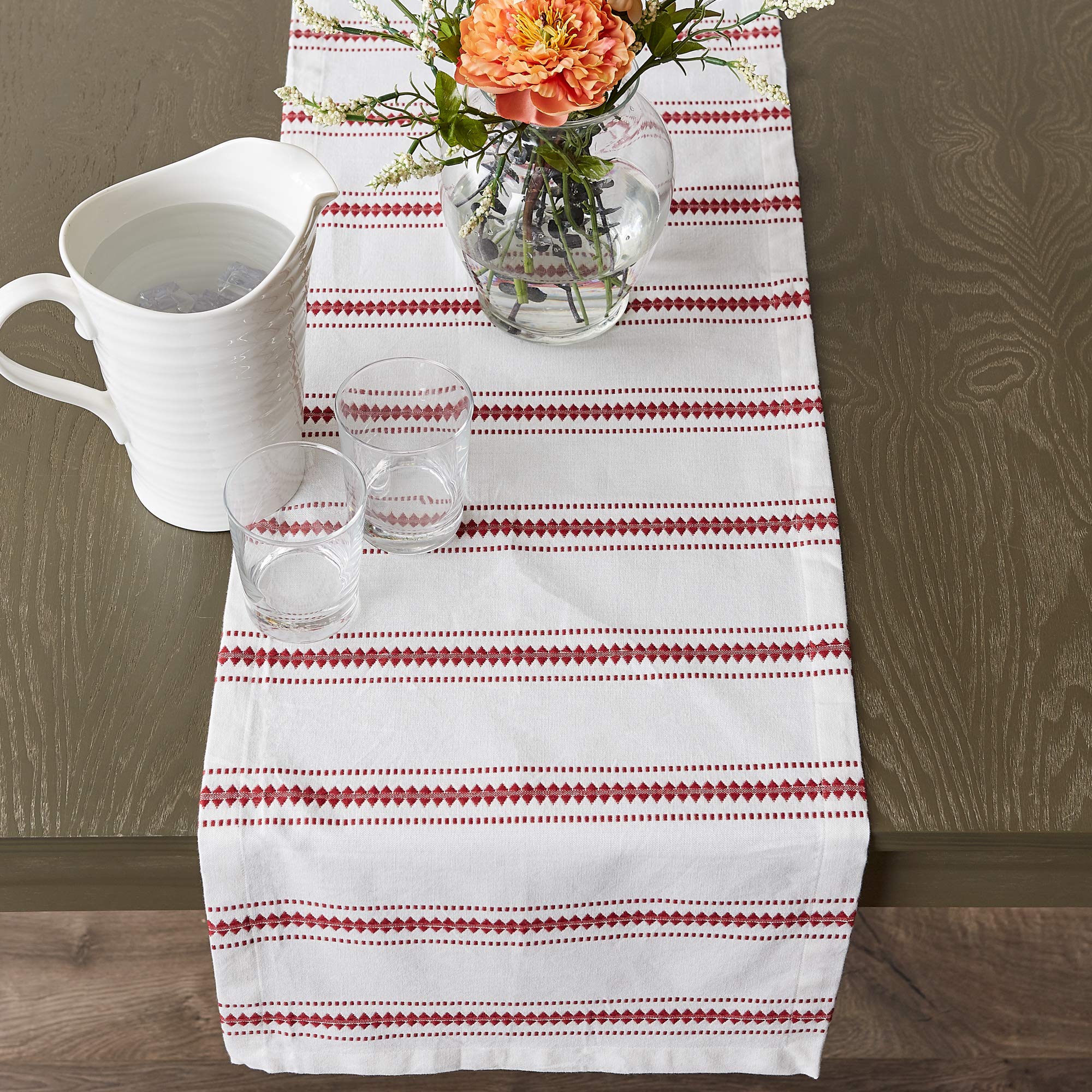 Dii Zig Dobby Tabletop Collection, White Cotton Background With Embellished Stripe, Table Runner, 14X72, Barn Red