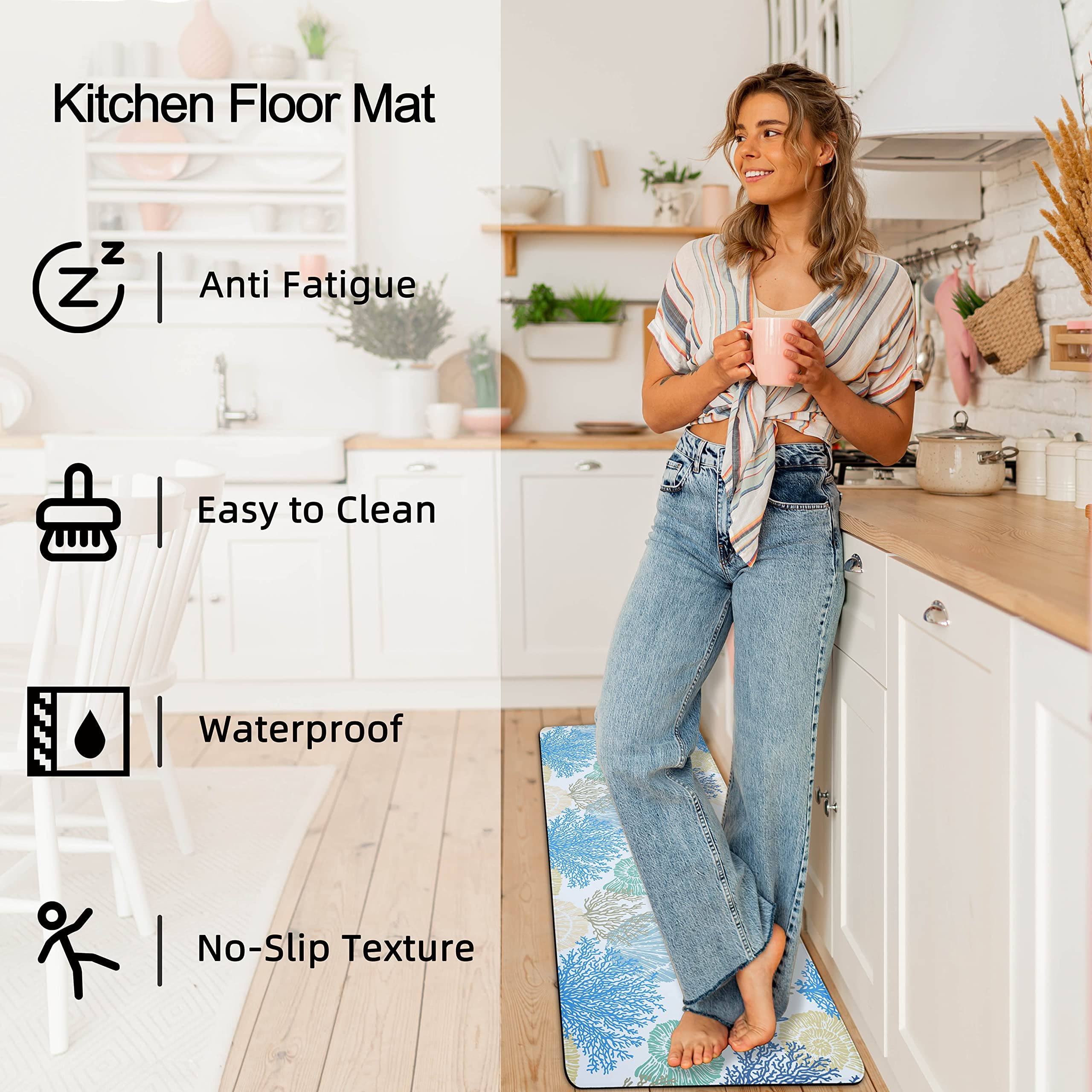 Tritard Coastal Beach Theme Kitchen Mats Rugs Set of 2 Anti Fatigue Kitchen Mats for Floor Memory Foam Cushioned Waterproof Non Slip Comfort Standing Mat for Sink Laundry  Blue  17.3''x 28''+17.3''x 47''