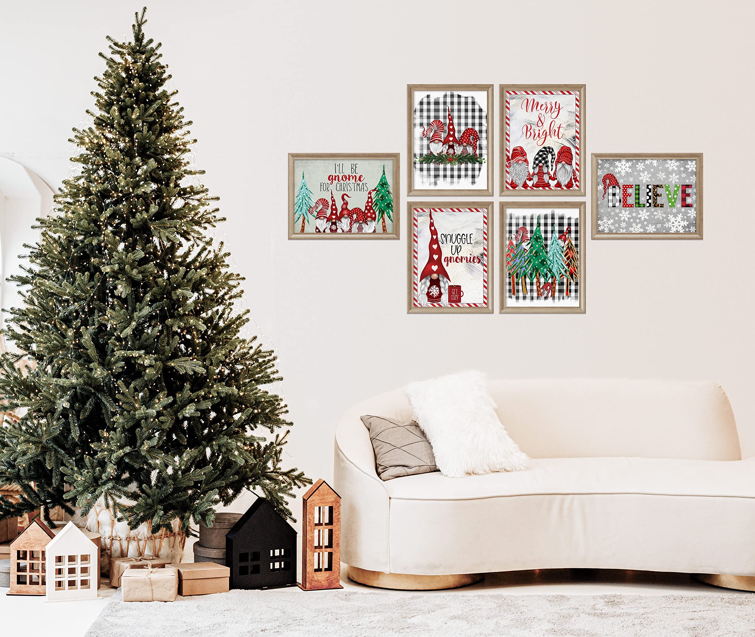 Silly Goose Gifts Gnomes Buffalo Plaid Set - Vintage Old World Themed Christmas Wall Art Prints (Set of 6)