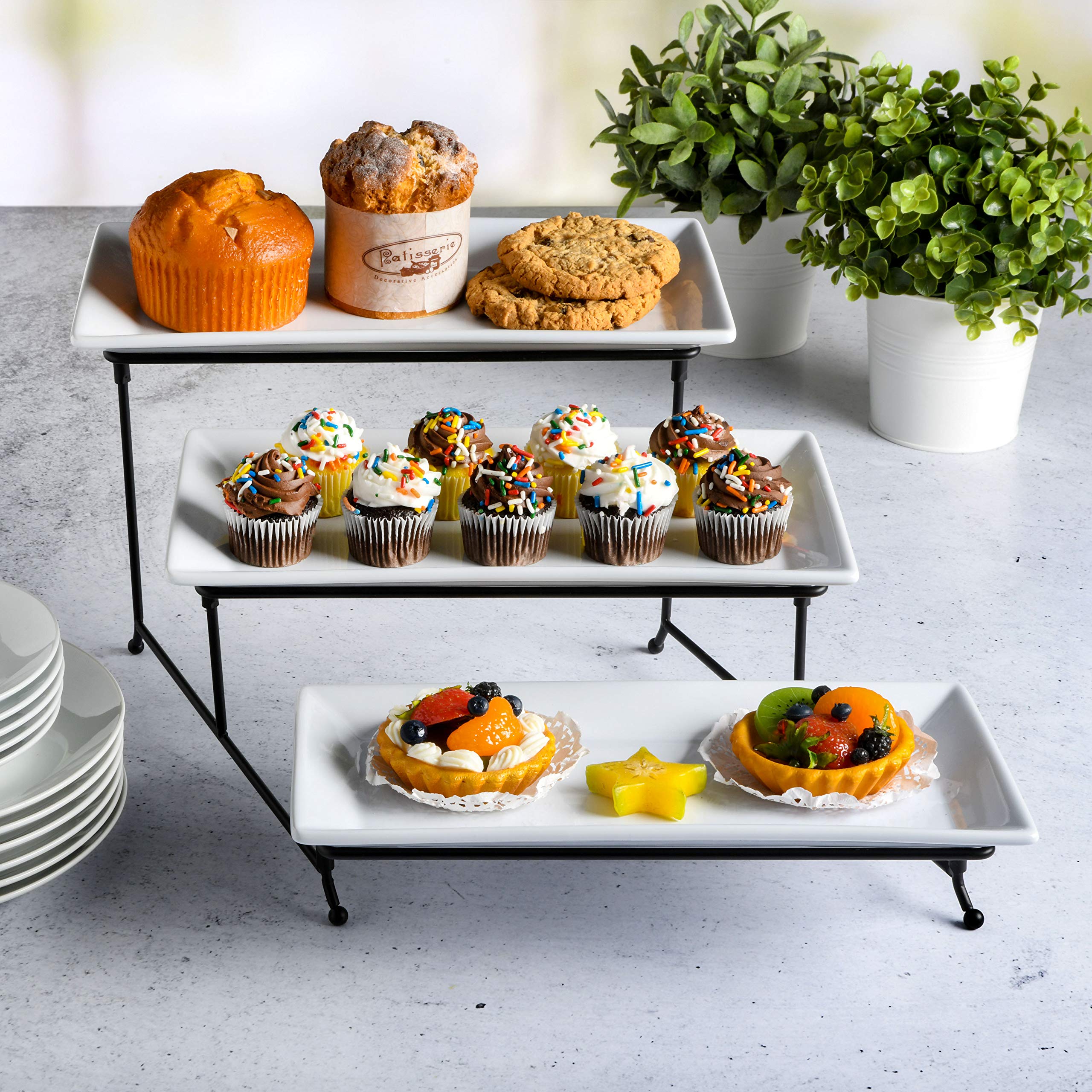 Gibson Home Gracious Dining Dinnerware, 3-Tier Rectangle Plate Set With Metal Stand, White