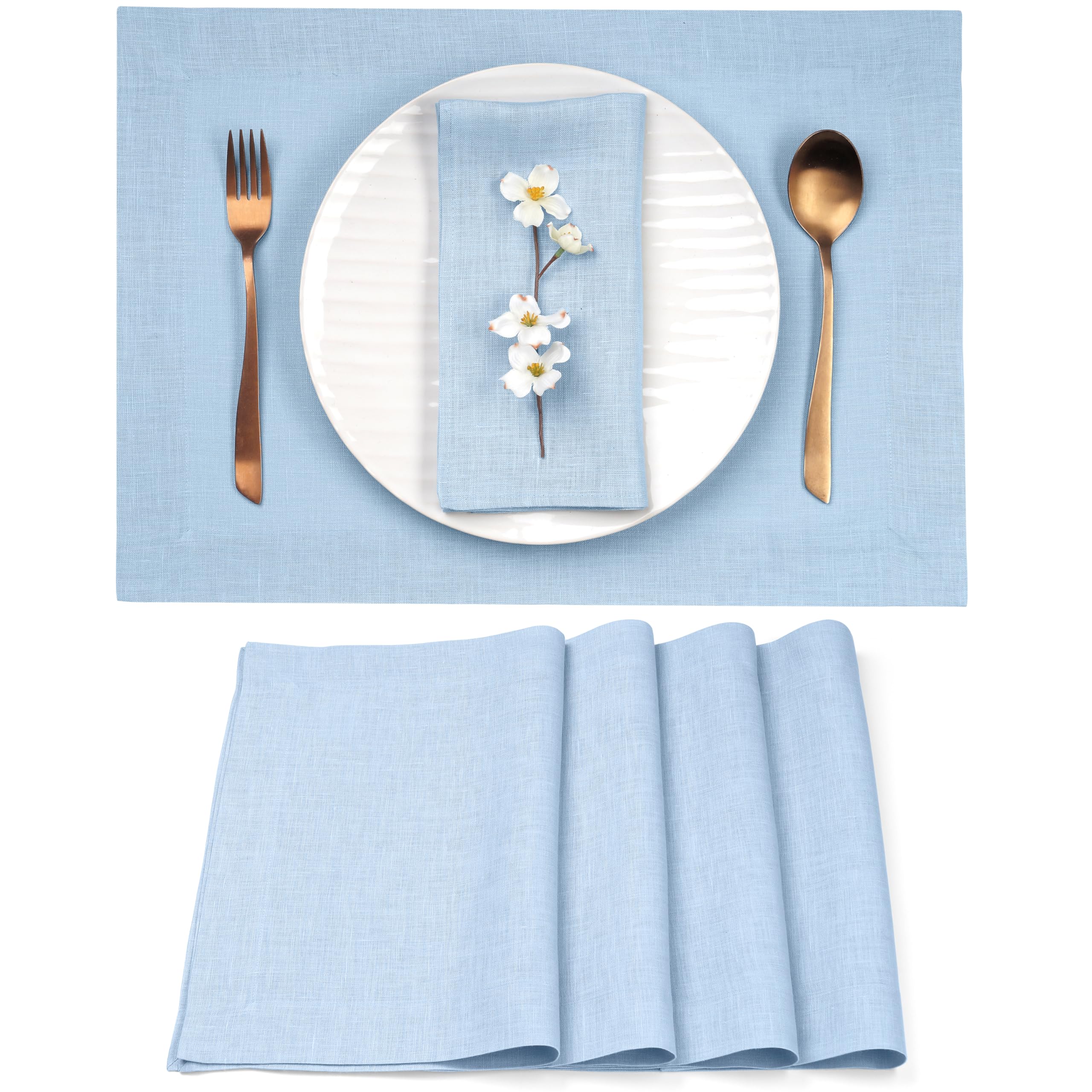 D'Moksha Homes Linen Placemats Set Of 4-100% Pure Linen Powder Blue Placemats 14 X 19 Inch - Washable Powder Blue Placemats For