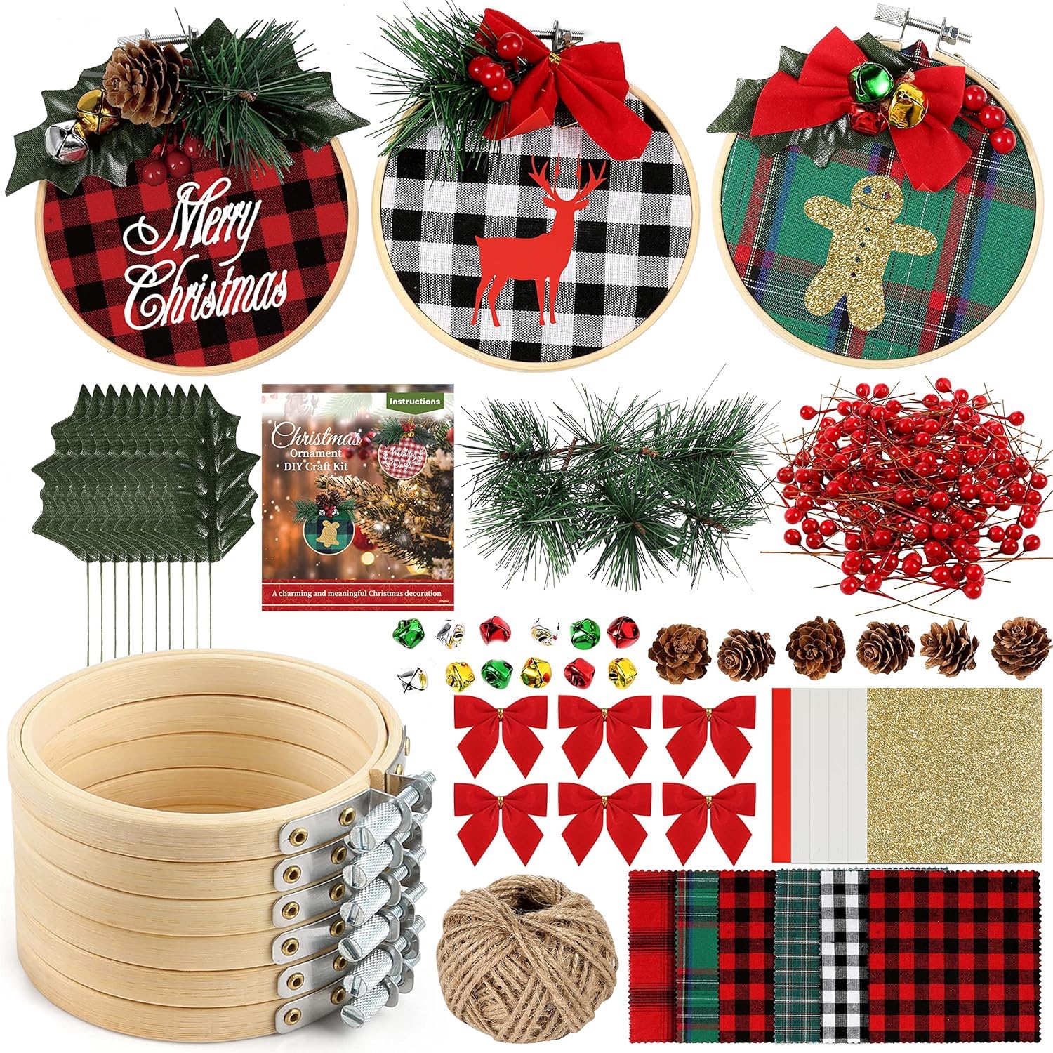 Pllieay 6 Pack of Christmas Ornament DIY Craft Kit Includes Christmas Plaid Fabric, Bamboo Hoop, Mini Pinecones, Artificial Pine