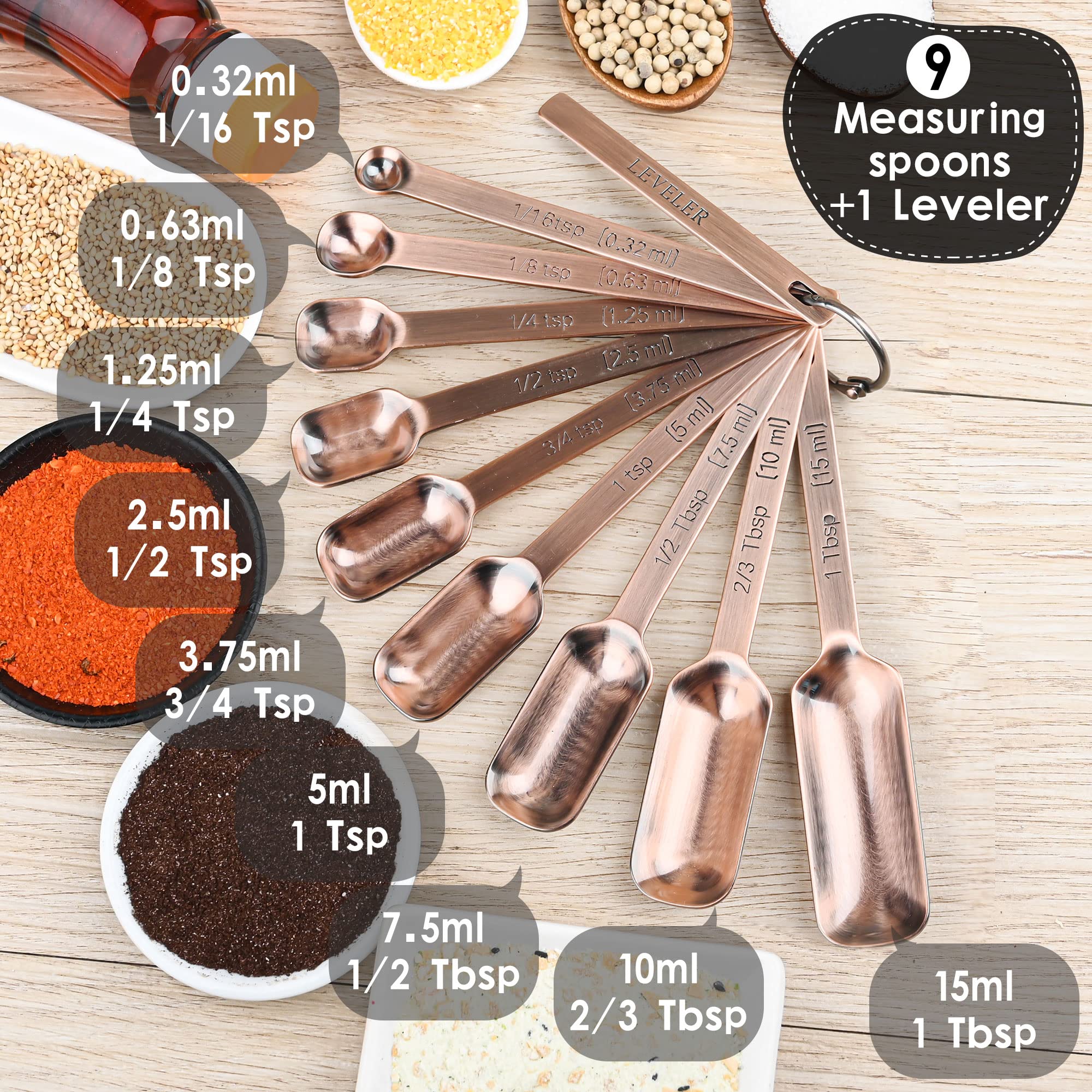 Smithcraft Measuring Spoons Set, Metal Measuring Spoons, Copper Measuring Spoons Set Of 9 With Leveler, Stainless Steel Measurin