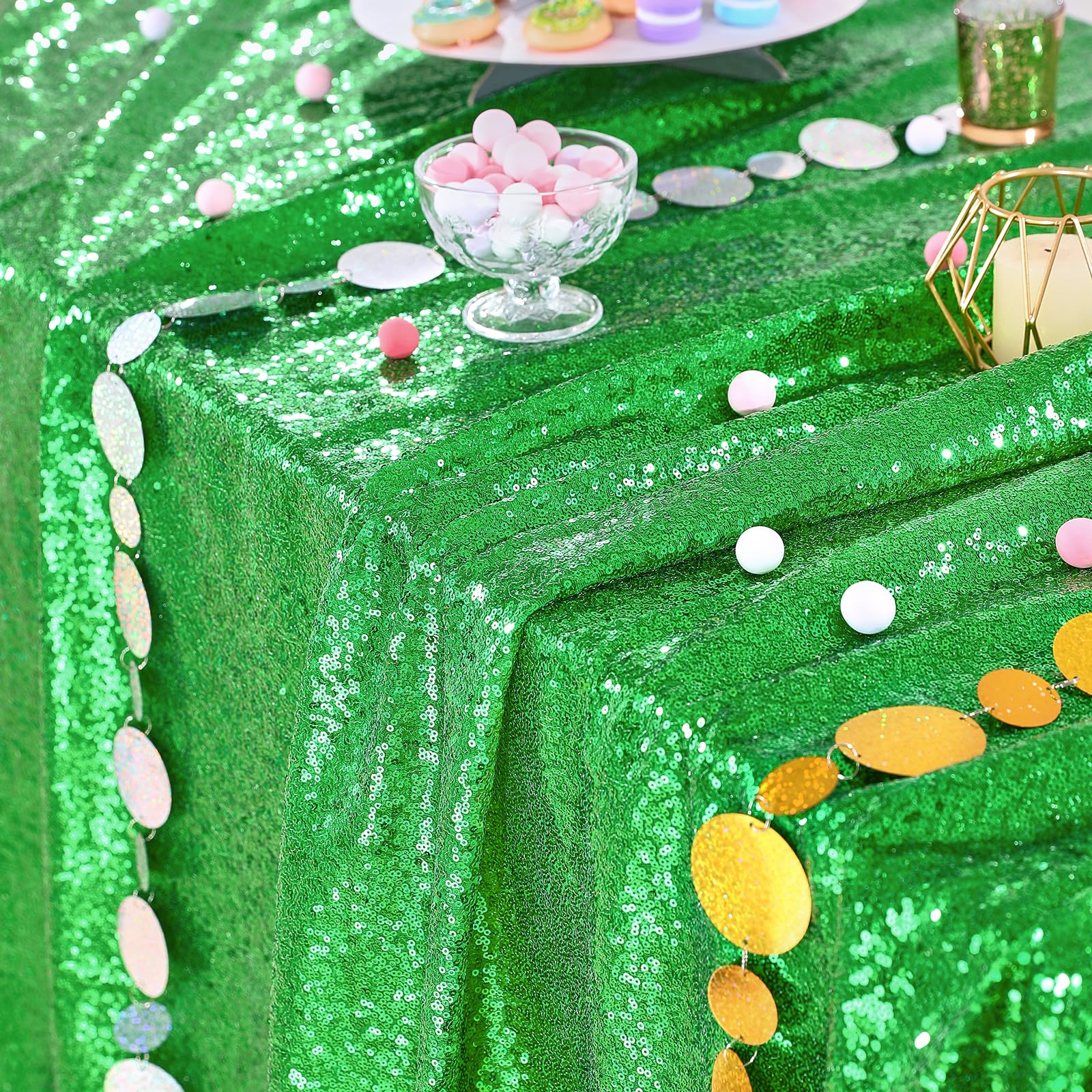 Queendream Sequin Tablecloth Green Table Cloth 90X90 Inch Christmas Party Dinner Table Decorations Sparkly St. Patrick'S Day Tab