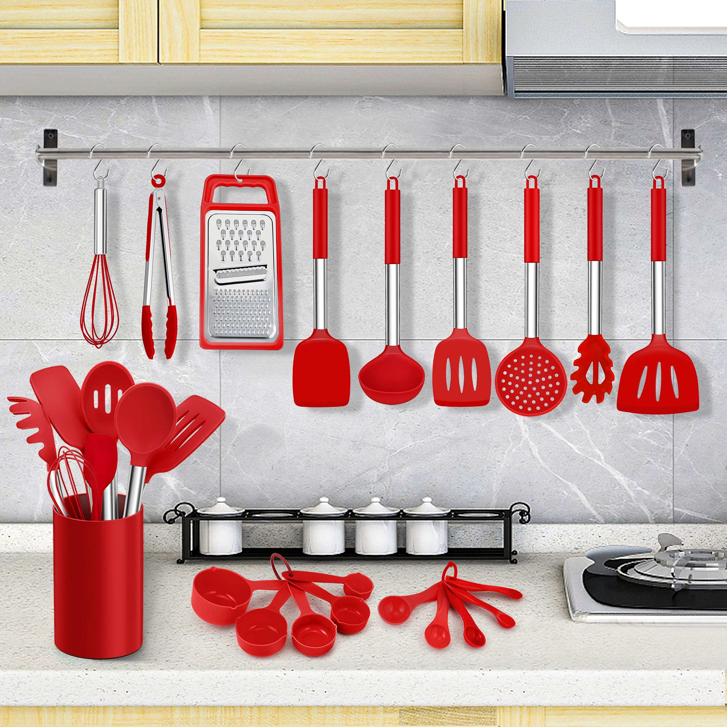 Lianyu 27 Pcs Kitchen Utensils Set With Holder, Silicone Cooking Utensils Spatula Set With Stainless Steel Handle, Kitchen Cooki