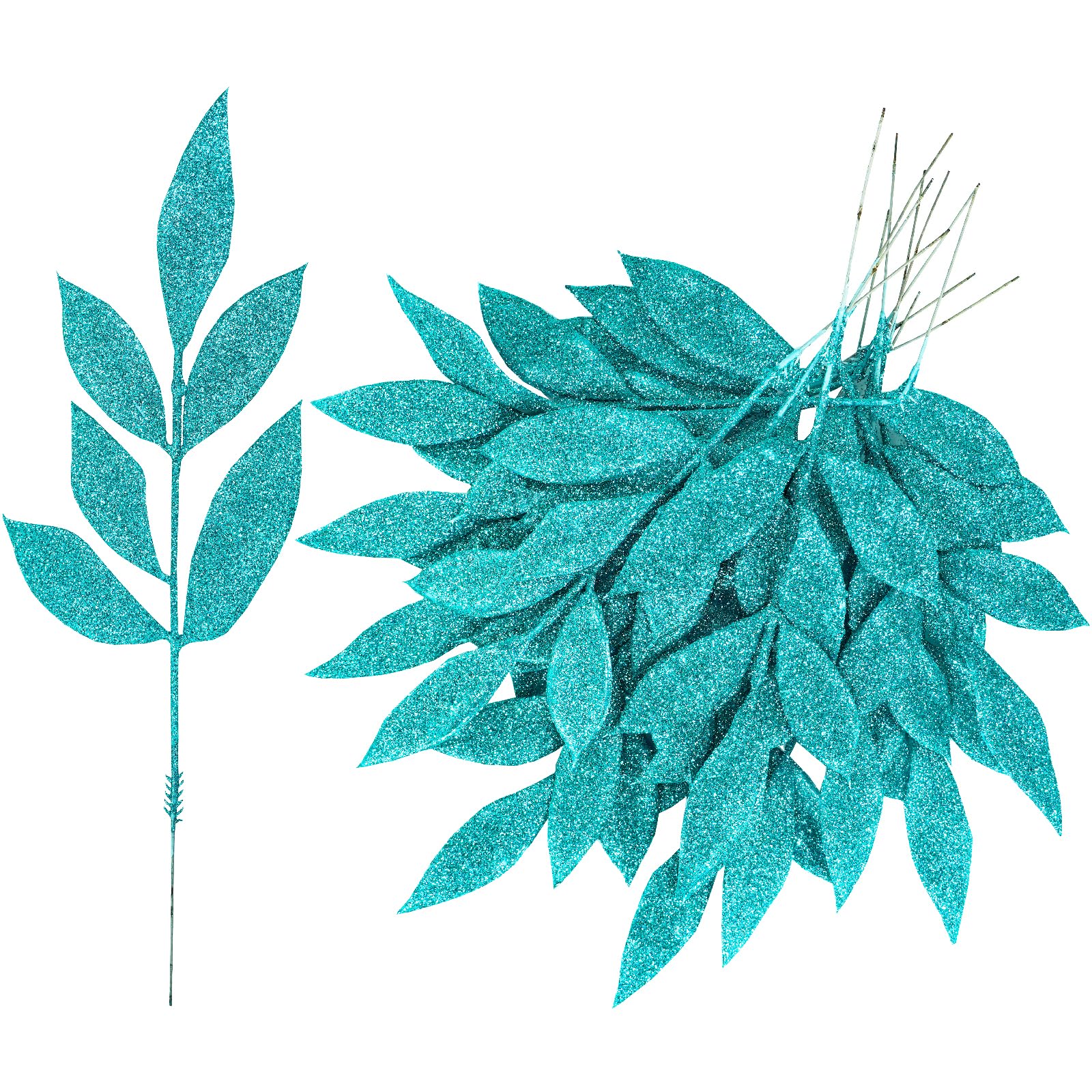 Winlyn 40 Pcs Teal Glitter Bay Leaf Sprays Artificial Christmas Tree Picks Sprays 12.7 Tall for Teal Christmas Tree Winter Wreat