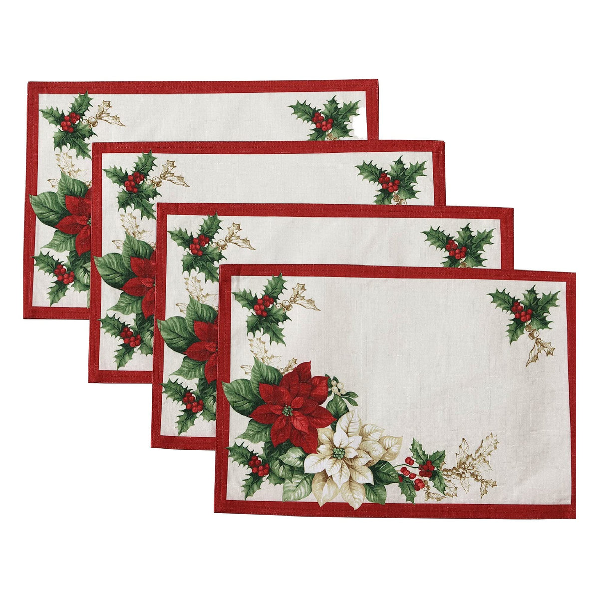 Elrene Home Fashions Red And White Poinsettia Holiday Fabric Placemats, Christmas Mats For Table Decor, 13 Inches X 19 Inches, S