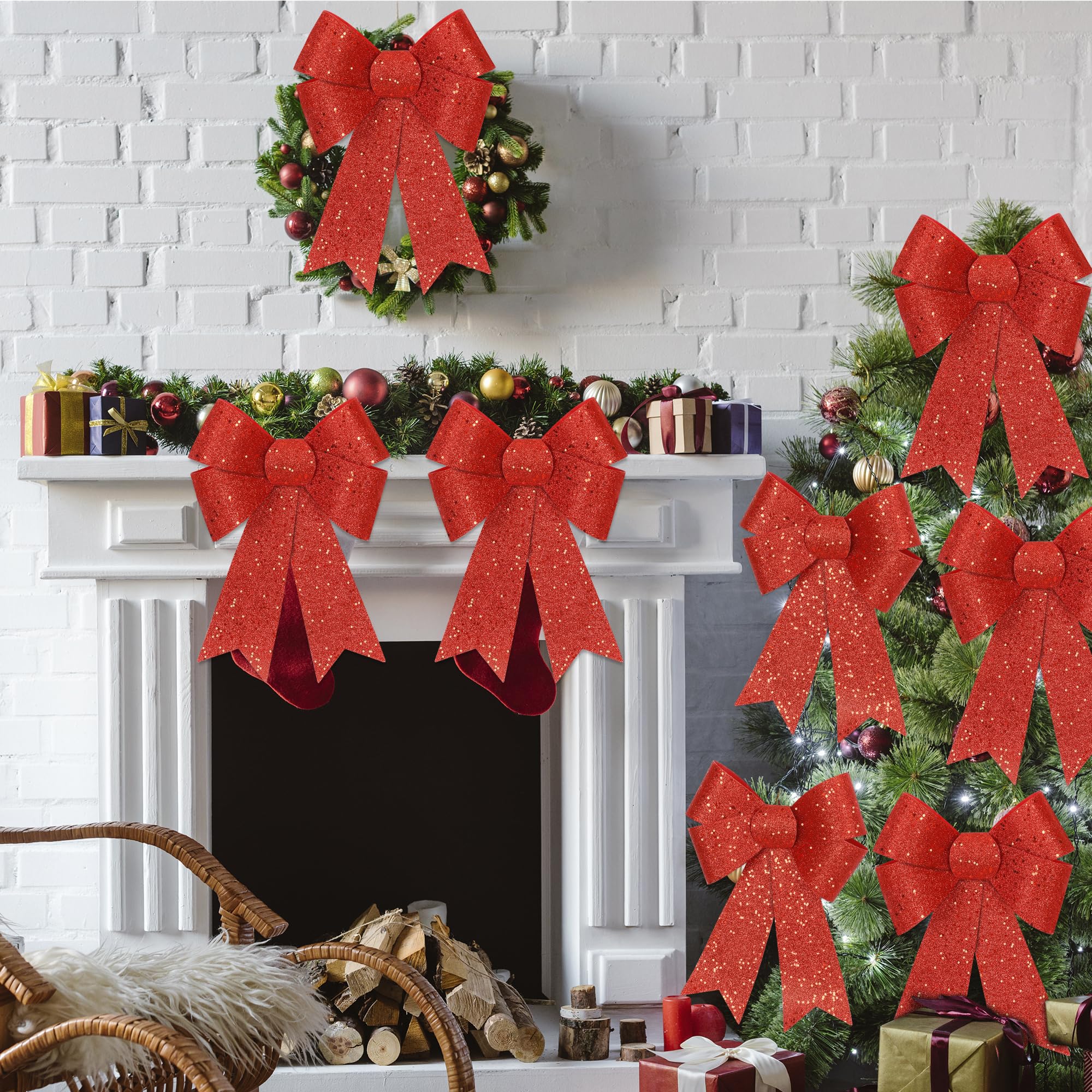 6 PCS Christmas Bows, 9 x 12 in Large Christmas Tree Bows, PVC Glitter Red Decor Xmas Decorations Indoor Outdoor Red Bows for Wr