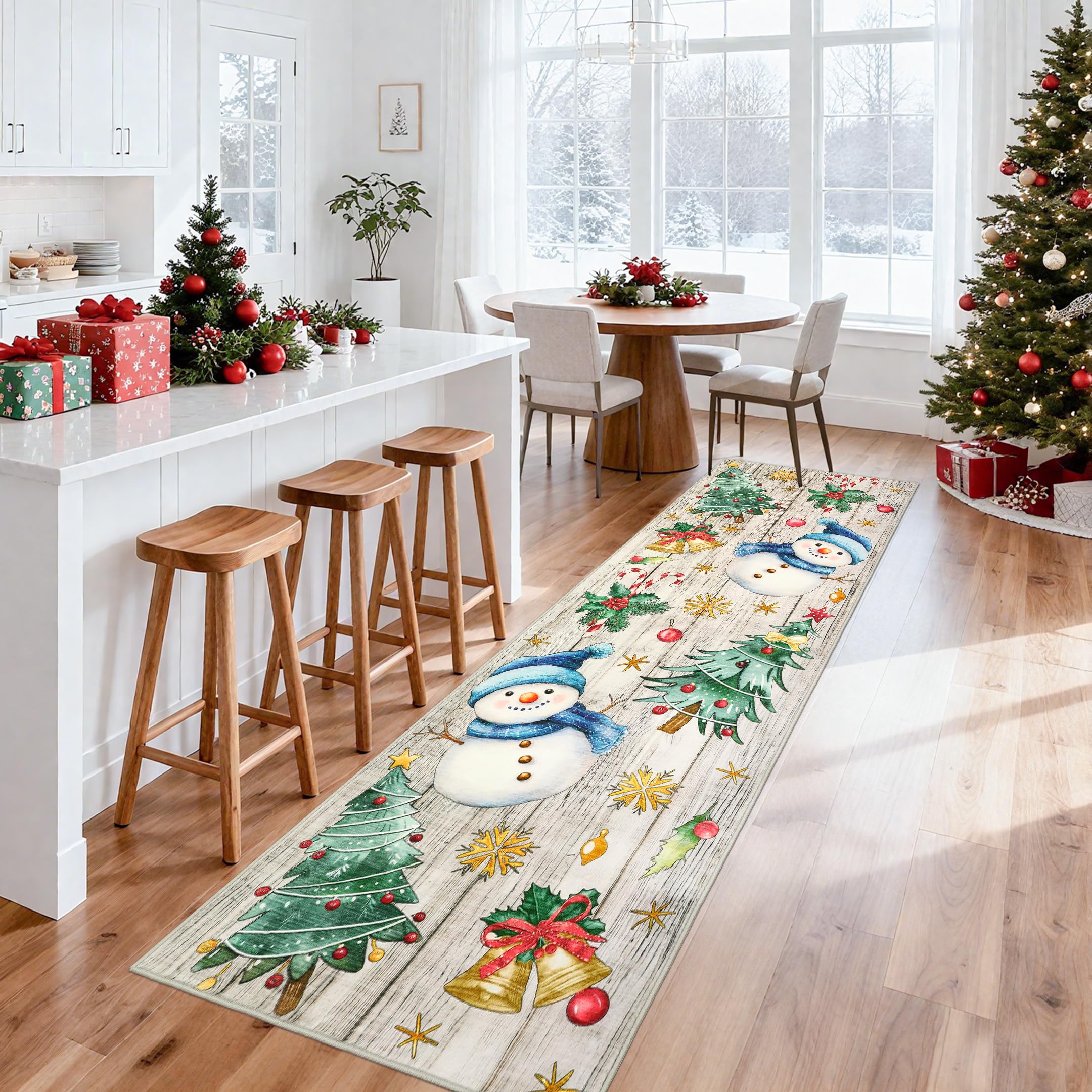 GarveeHome Christmas Runner Rug 2x8 Kitchen Rugs Non Slip Washable Bath Rugs Low Pile Entryway Rug Xmas Tree & Snowman Stain Res