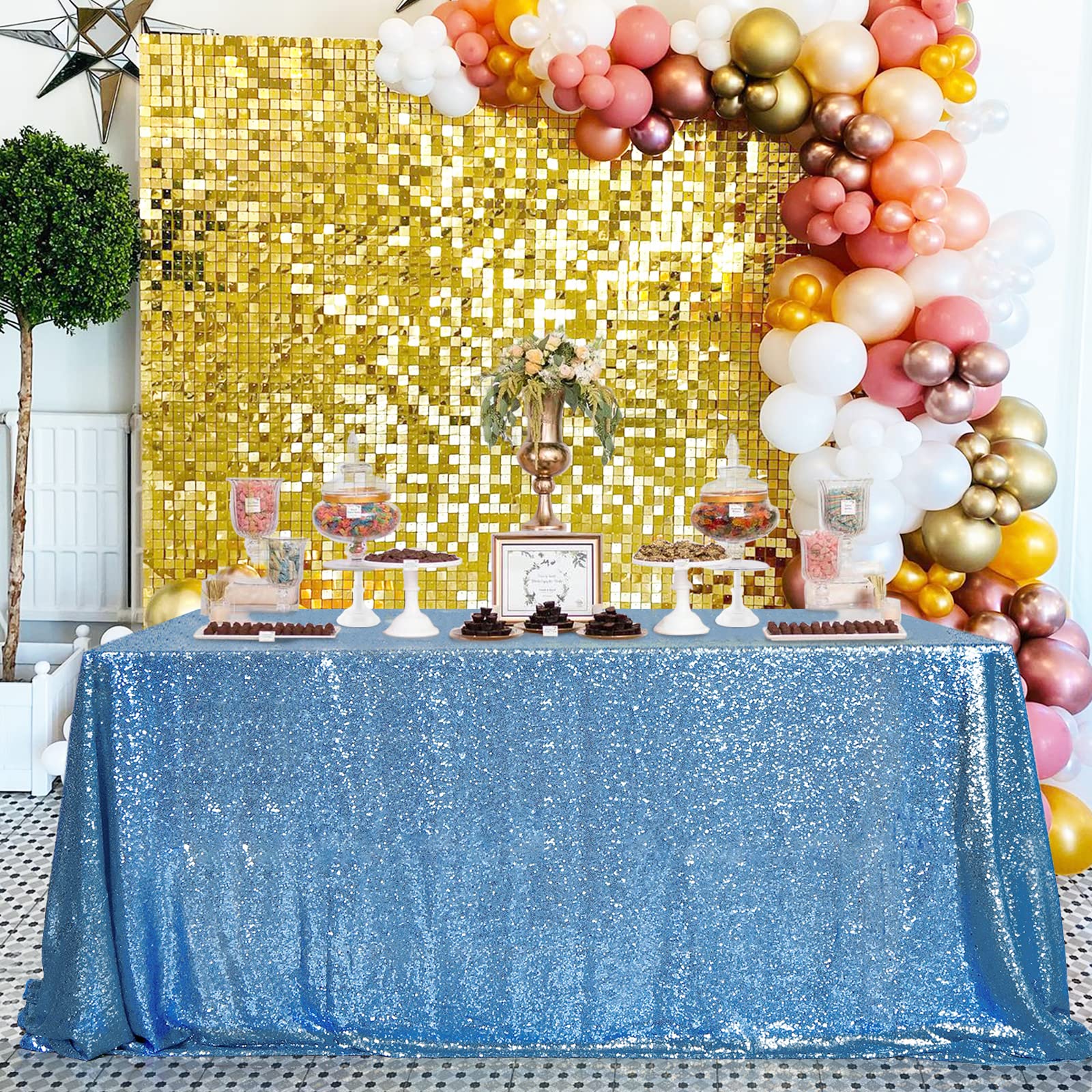 Queendream Baby Blue Sequin Tablecloth 90X156 Inch Glitter Table Cloth For Baby Shower Birthday Party Decorations