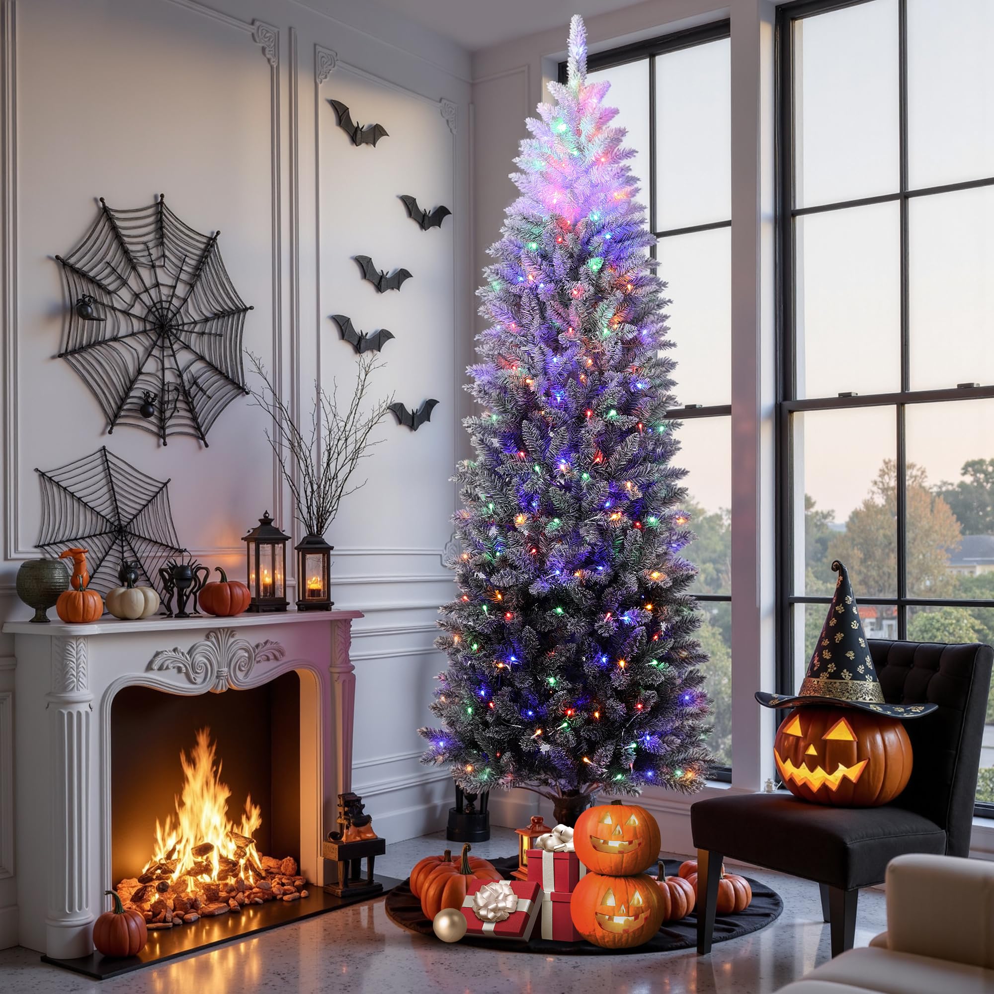 Garvee 7.5 ft Snow Flocked Pencil Christmas Tree, Slim Artificial Christmas Tree with Sturdy Metal Stand, Skinny Xmas Tree Holid