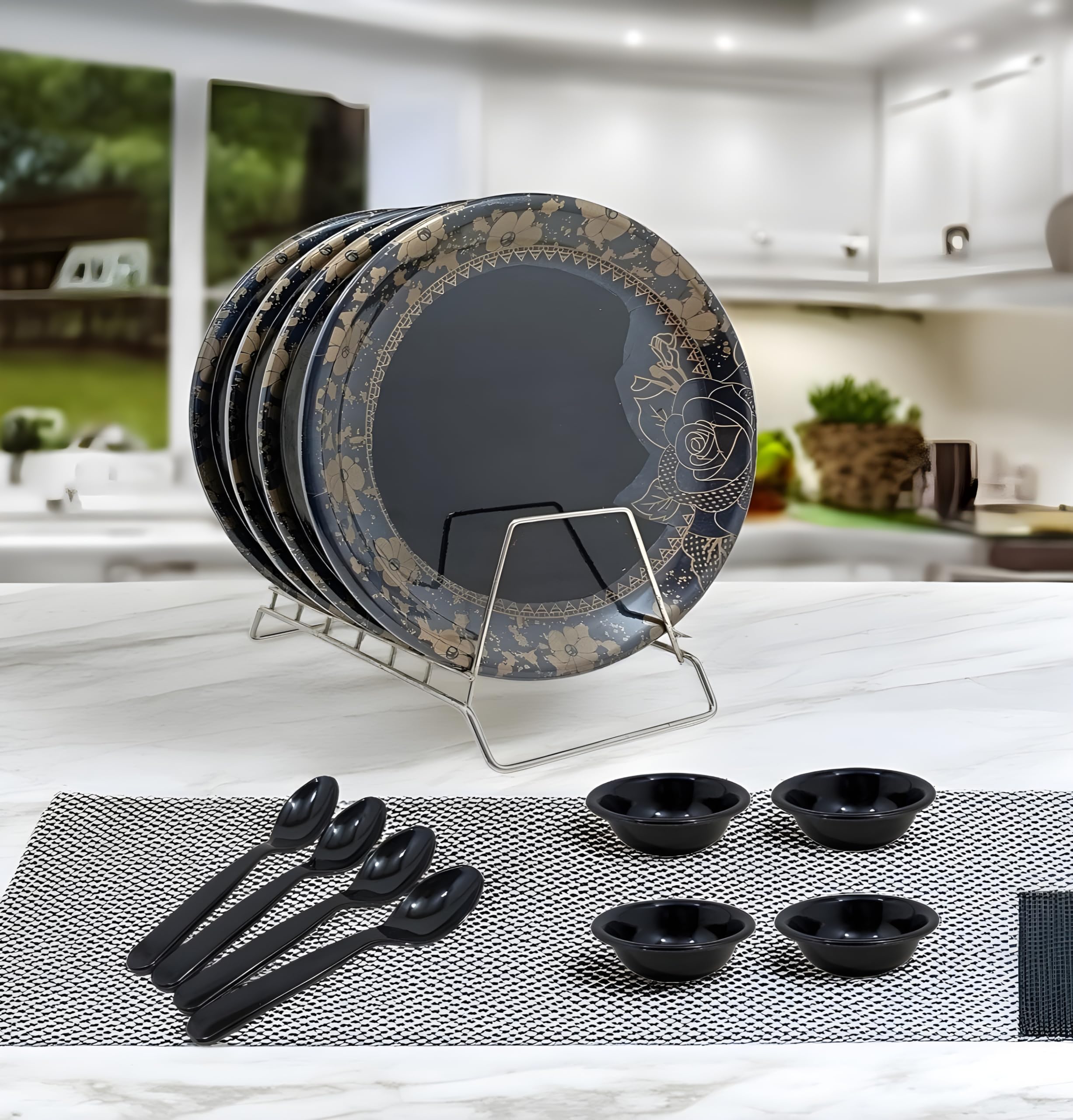 Inpro 12 Pcs Melamine Dinner Set Contains 4 Full Plates, 4 Bowls And 4 Spoons Perfect For Parties And Ideal For Picnics