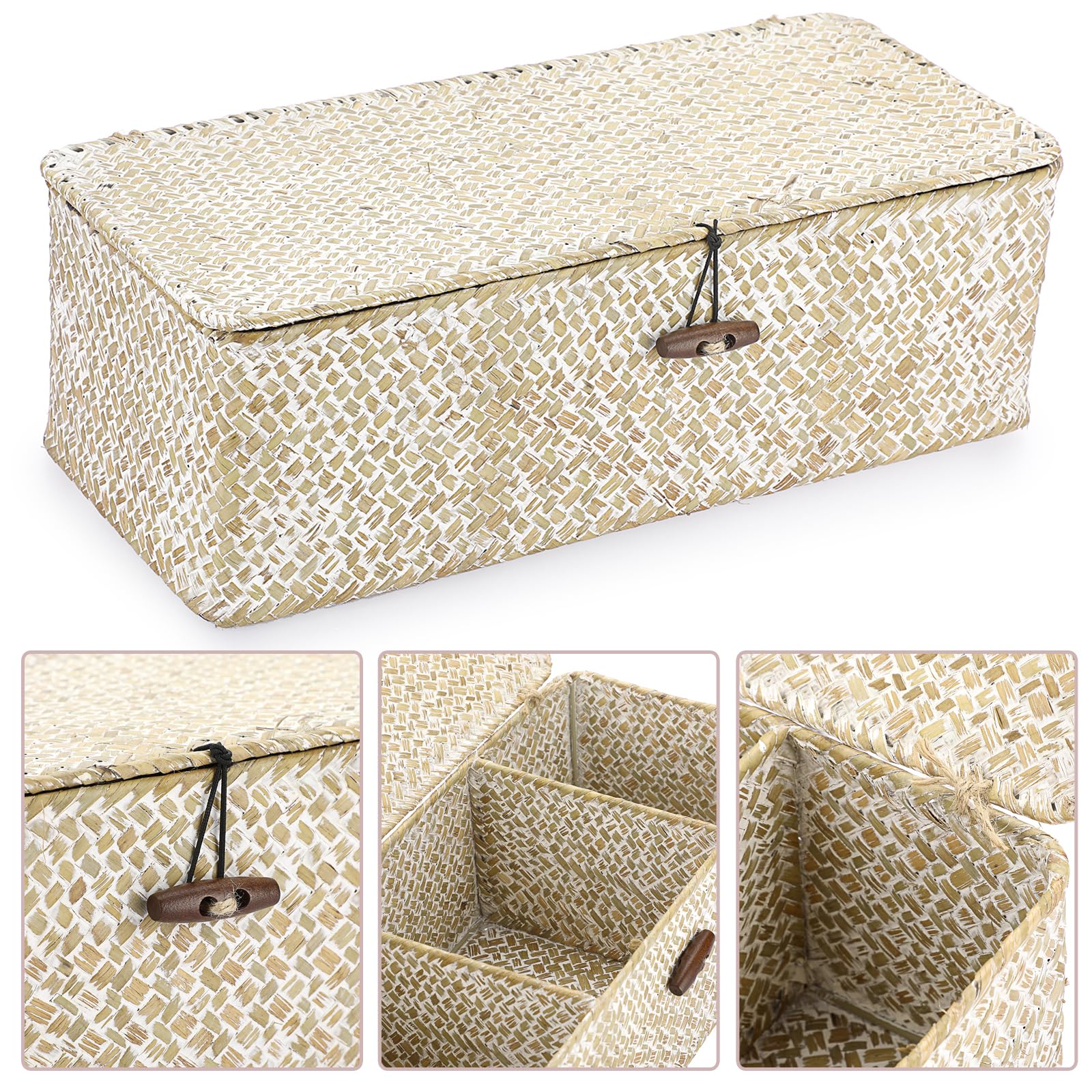 Hipiwe Seagrass Storage Basket - Hand-Woven Wicker Bins, Medium Size, Whitewash, 3 Sections with Lid for Organizing Bathroom Essentials