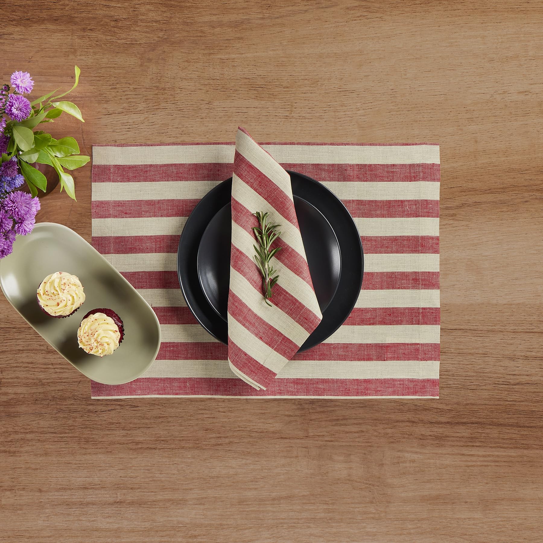 Solino Home Stripe Linen Dinner Napkins 20 X 20 Inch - 100% Pure Linen Red And Natural Cloth Napkins Set Of 4 For Spring - Sorre