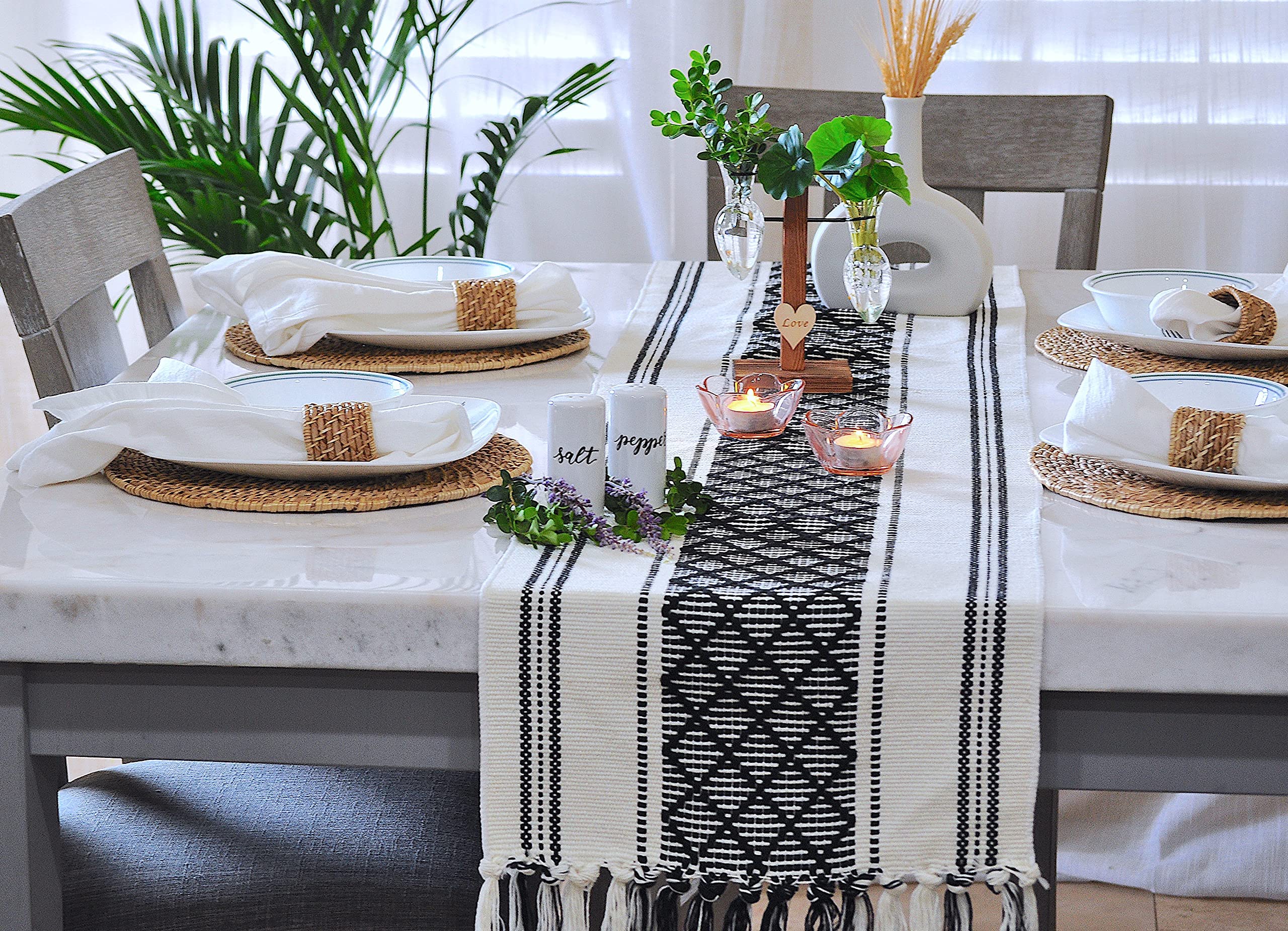 Oveesha Boho Table Runner With Tassel 14 X 72 Inches, Black & Cream | Woven Washable Dresser Scarf And Topper For Bedroom | Farm