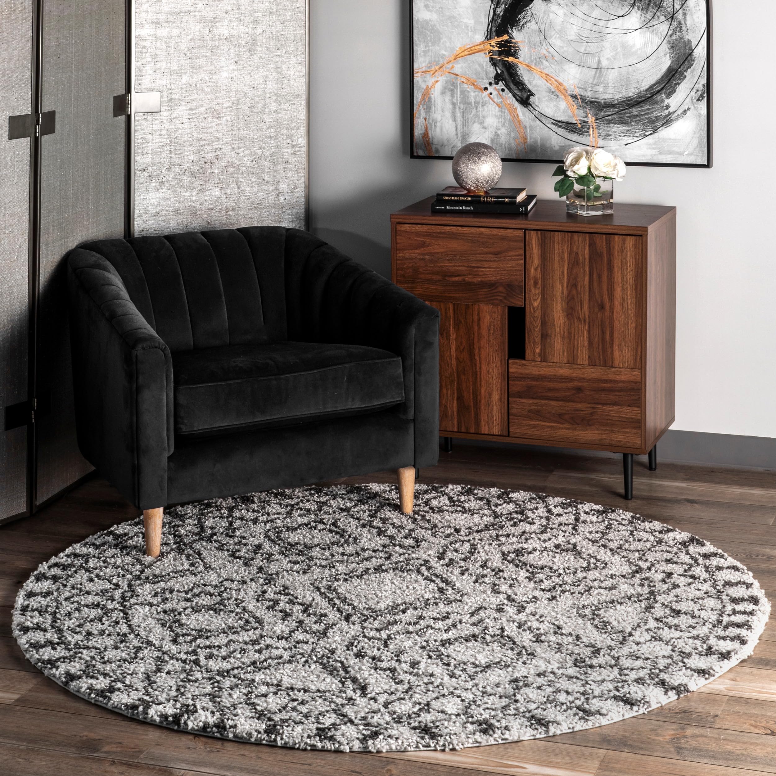 nuLOOM Vasiliki Moroccan Shag Tasseled Accent Rug, 4 Round, Grey