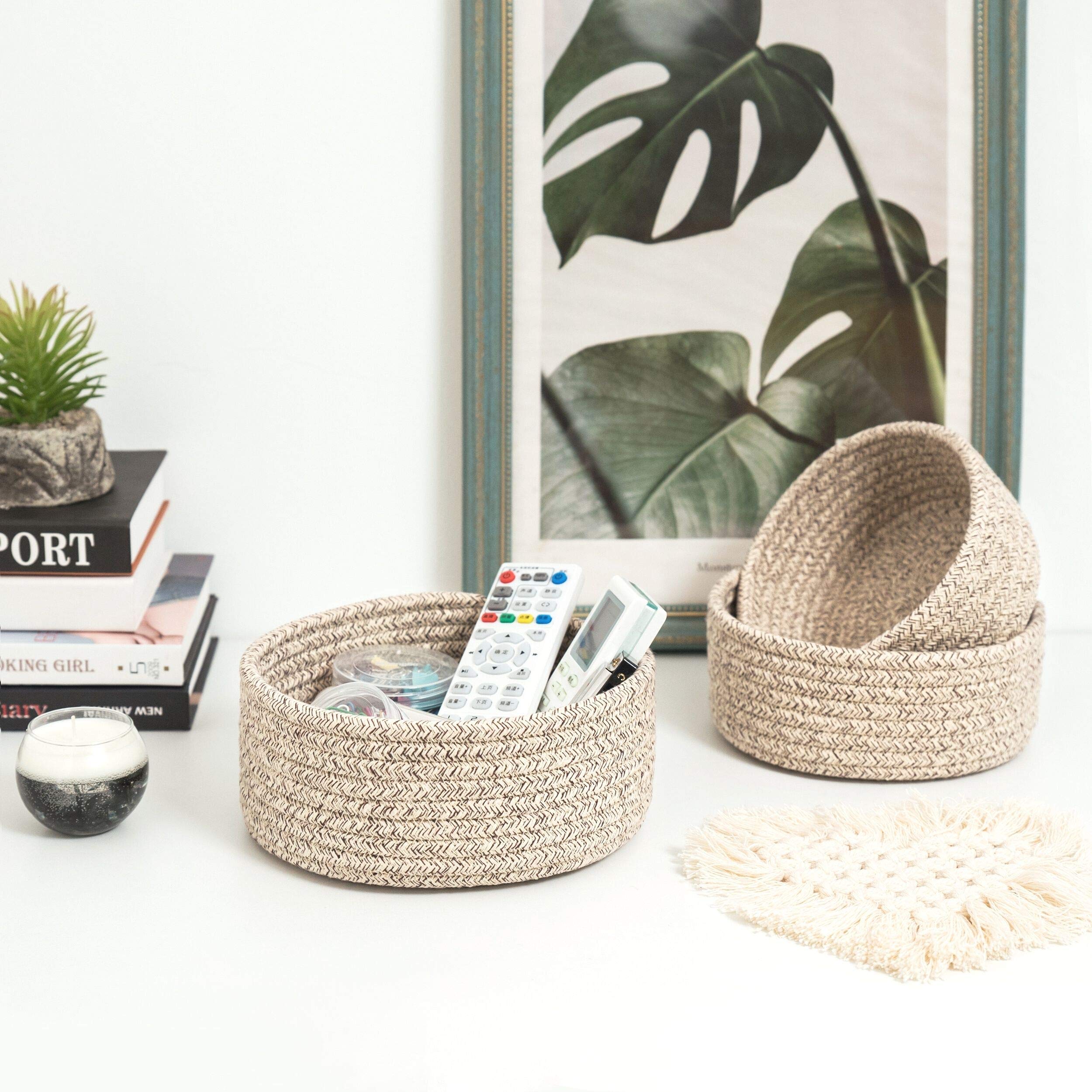 Mintwood Design Set Of 3 Cotton Rope Nesting Bowls, Small Catch All Basket, Cute Closet Baskets And Bins For Shelves, Mini Table