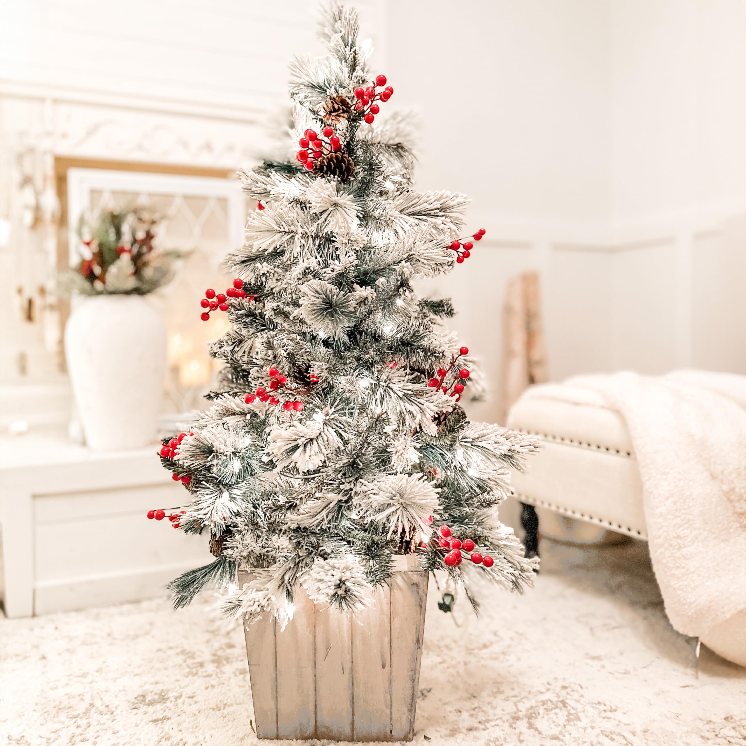 Haute Decor 4 Foot Pre-lit Ashcroft Artificial Frosted Fir Potted Christmas Tree with 100 Soft White LED Lights