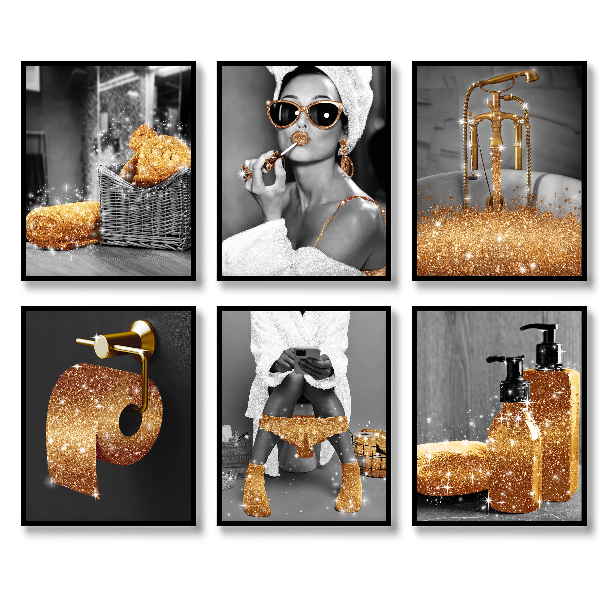 Fashion Wall Art Bathroom Wall Decor Prints Set Of 6 Black And White Gold Glam Glitter Canvas Posters Pictures Photos Bathroom A