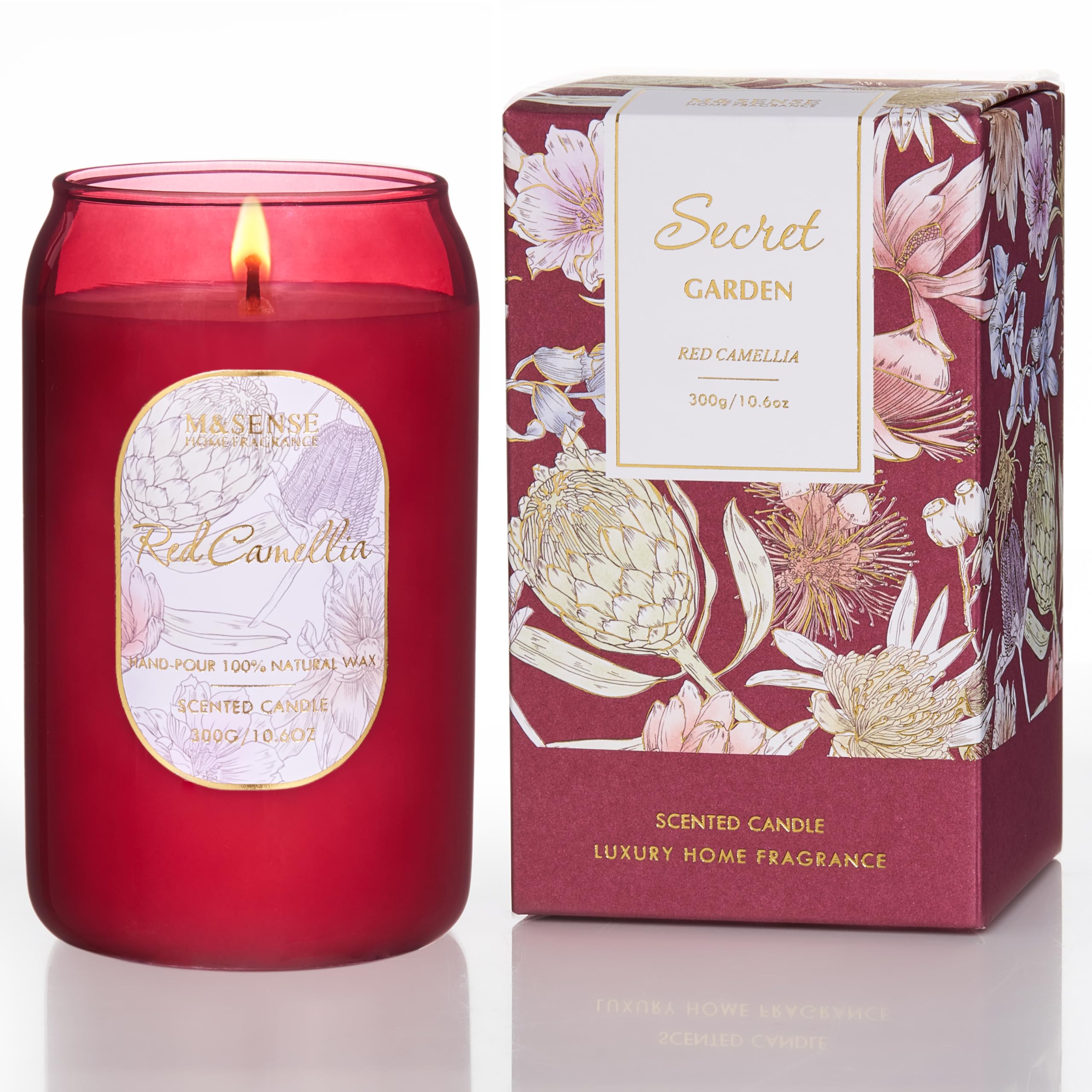 M&SENSE Strong Red Soy Scented Candle - Red Camellia Flower Scent, 10.6 oz, 60-Hour Burn,Sweet Stress Relief Candles Gift for Bi