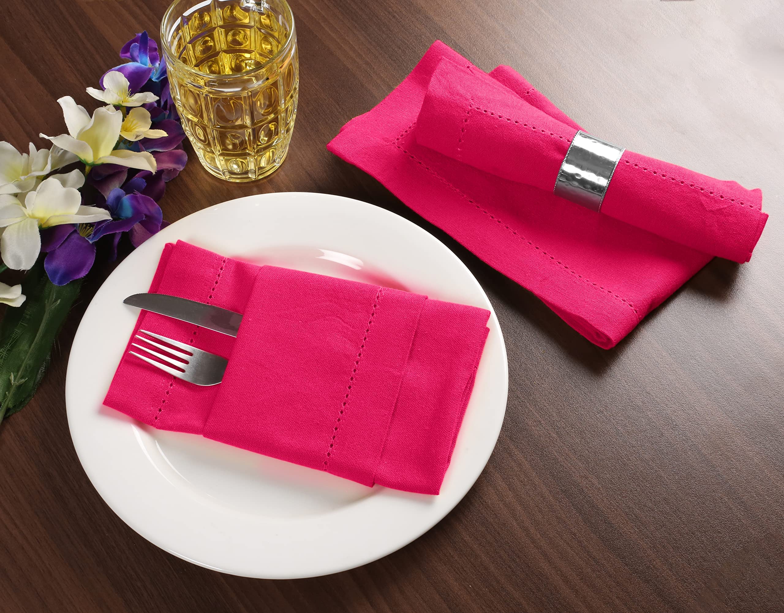 Palisa Cloth Dinner Napkins with Hemstitched Detailing & Mitered Corners Set of 12 (18x18 Inches) Hot Pink - Cotton Reusable Dinner Napkins - Perfect for Weddings & Everyday Use