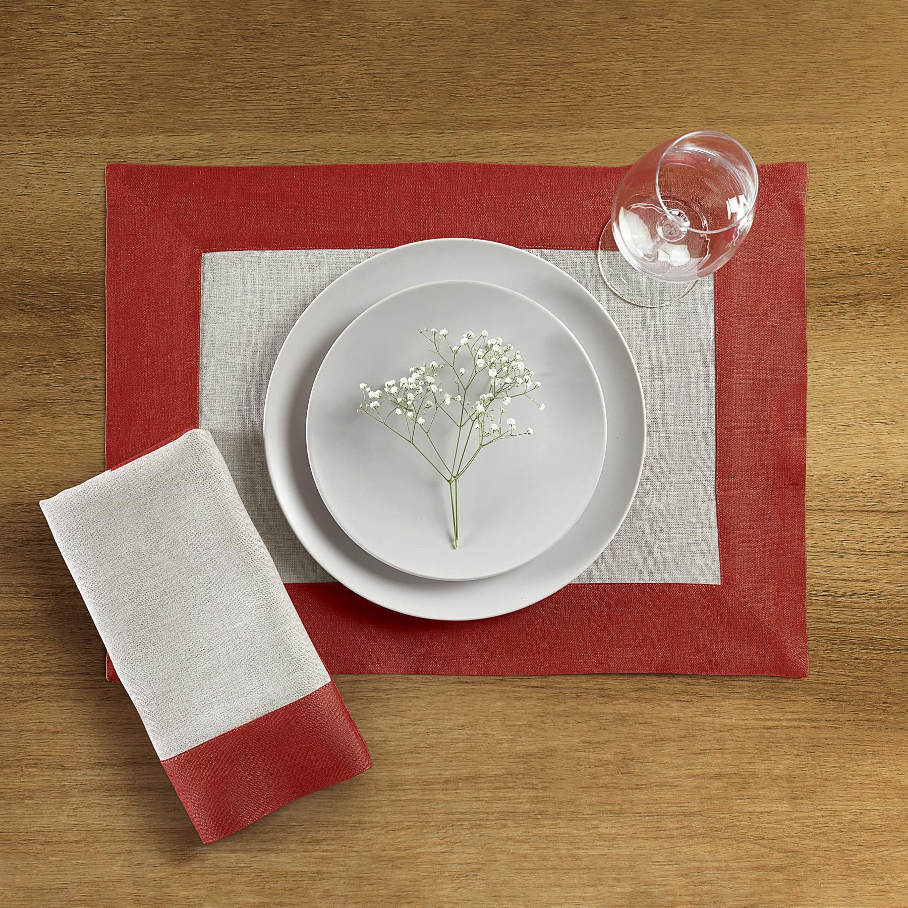 Solino Home Linen Dinner Napkins 20 X 20 Inch - 100% Pure Linen Red And Natural Cloth Napkins Set Of 4 - Contempo, Handcrafted A