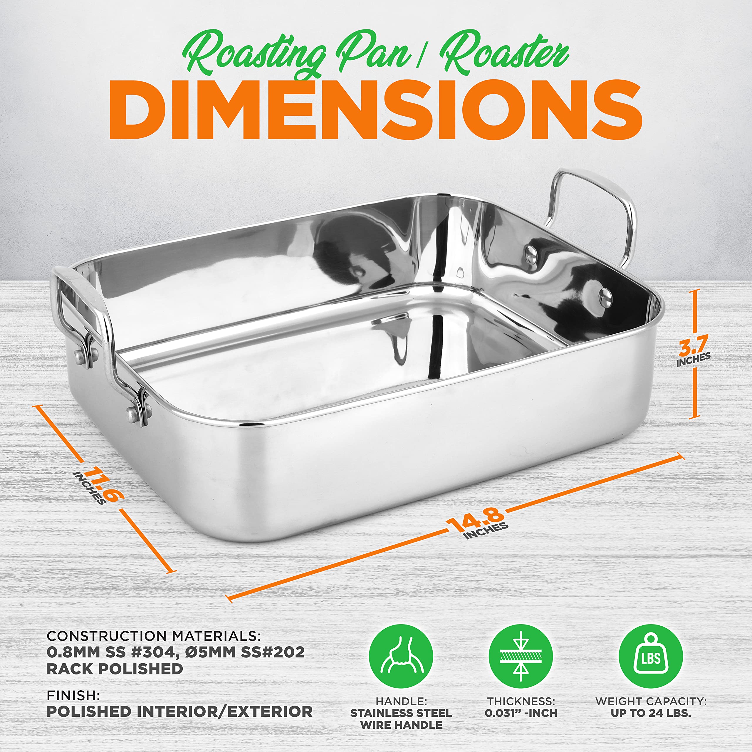 Nutrichef 14-Inch Stainless Steel Oven Roasting Pan With Polished Wire Rack - Kitchen Roaster Tray W/ Built-In Handles - Heavy D