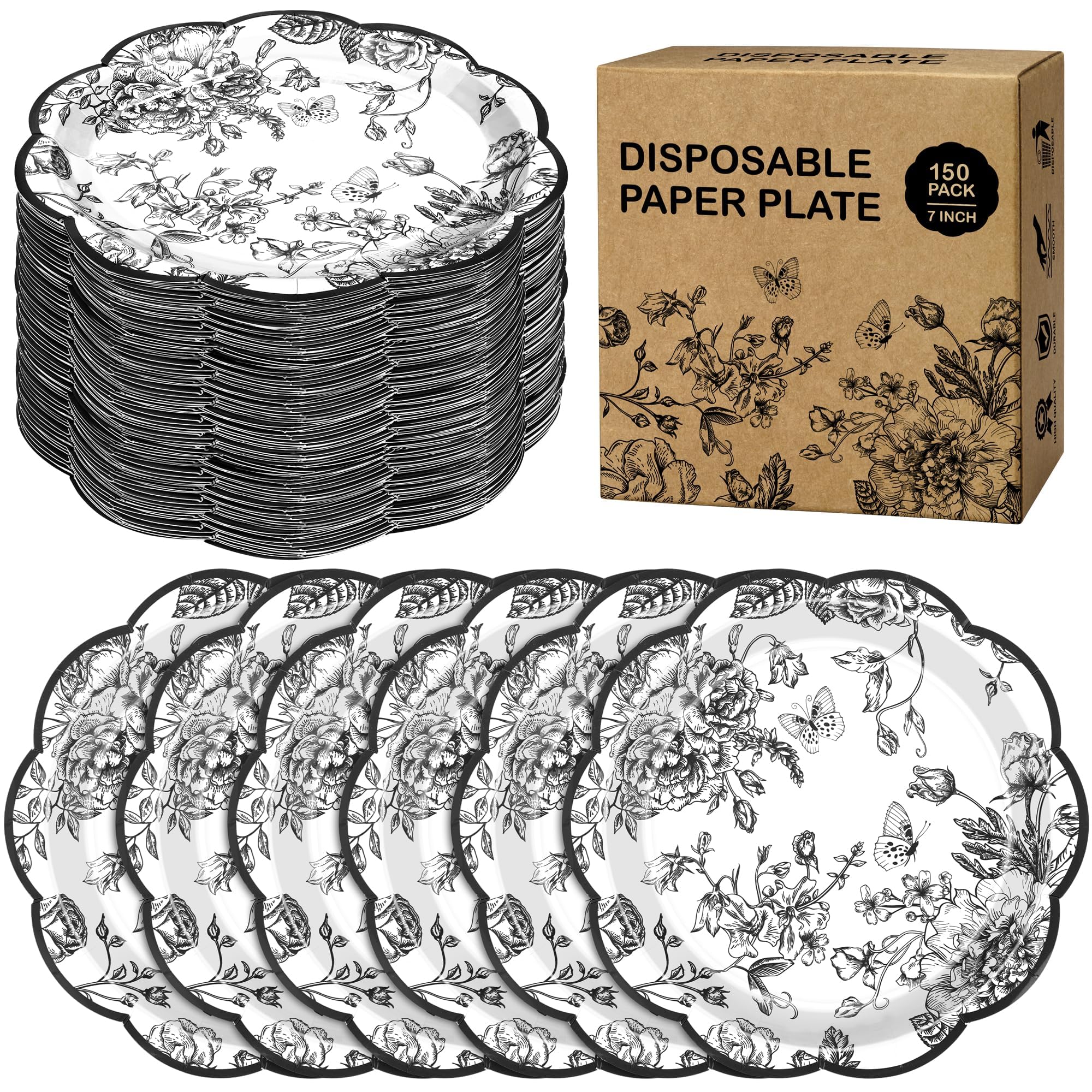 Kochorie 150 Pieces Black Flower Paper Plates 7 Inches Disposable Floral Paper Plates Scalloped Black Chinoiserie Vintage Flower