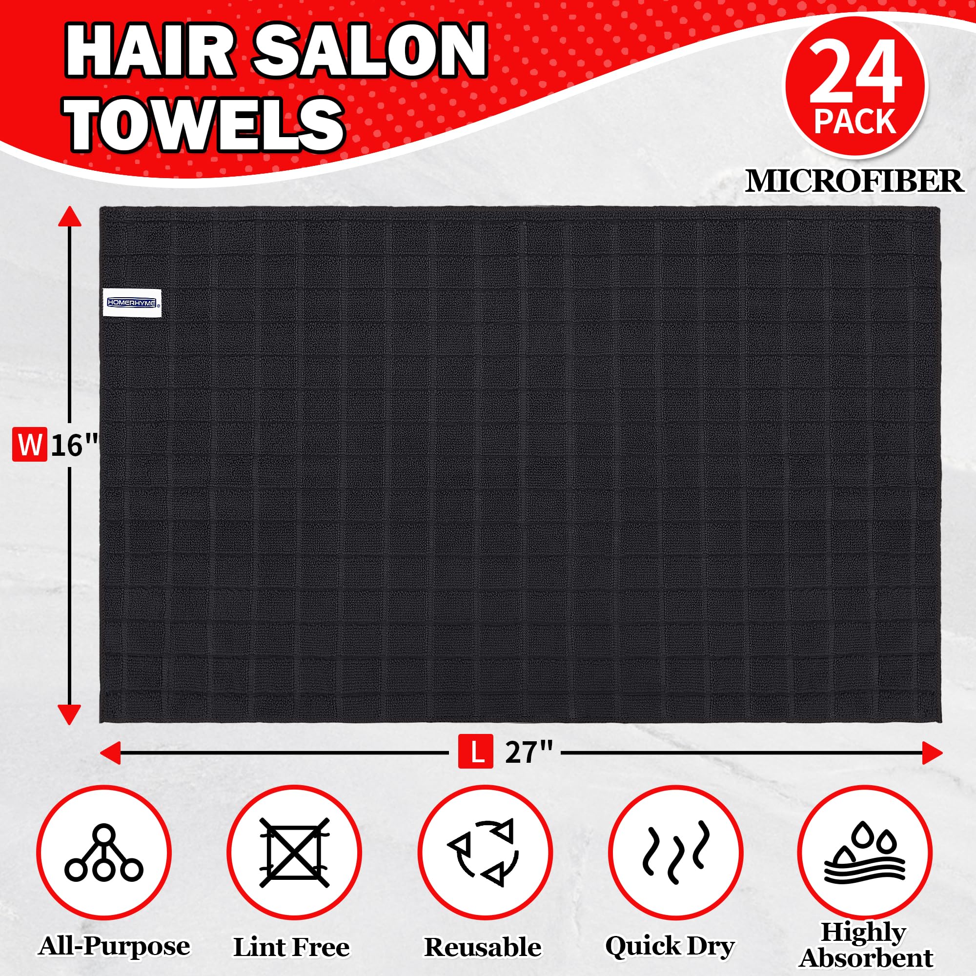 HOMERHYME Salon Towel 24 Pack, Bulk Microfiber Barber Towel, 16 x 27 Inches Quick Dry Hair Towels, Lint Free Spa Facial Towel fo