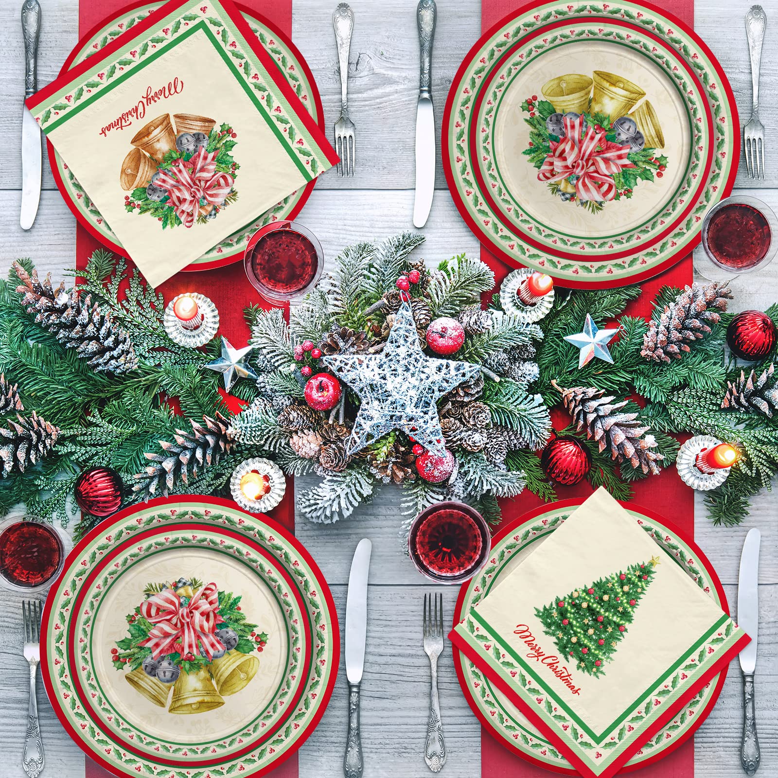 Gatherfun Christmas Party Supplies Kit, Serve 50, Christmas Tree Disposable Dinnerware Includes: Paper Dinner Plates, Dessert Pl