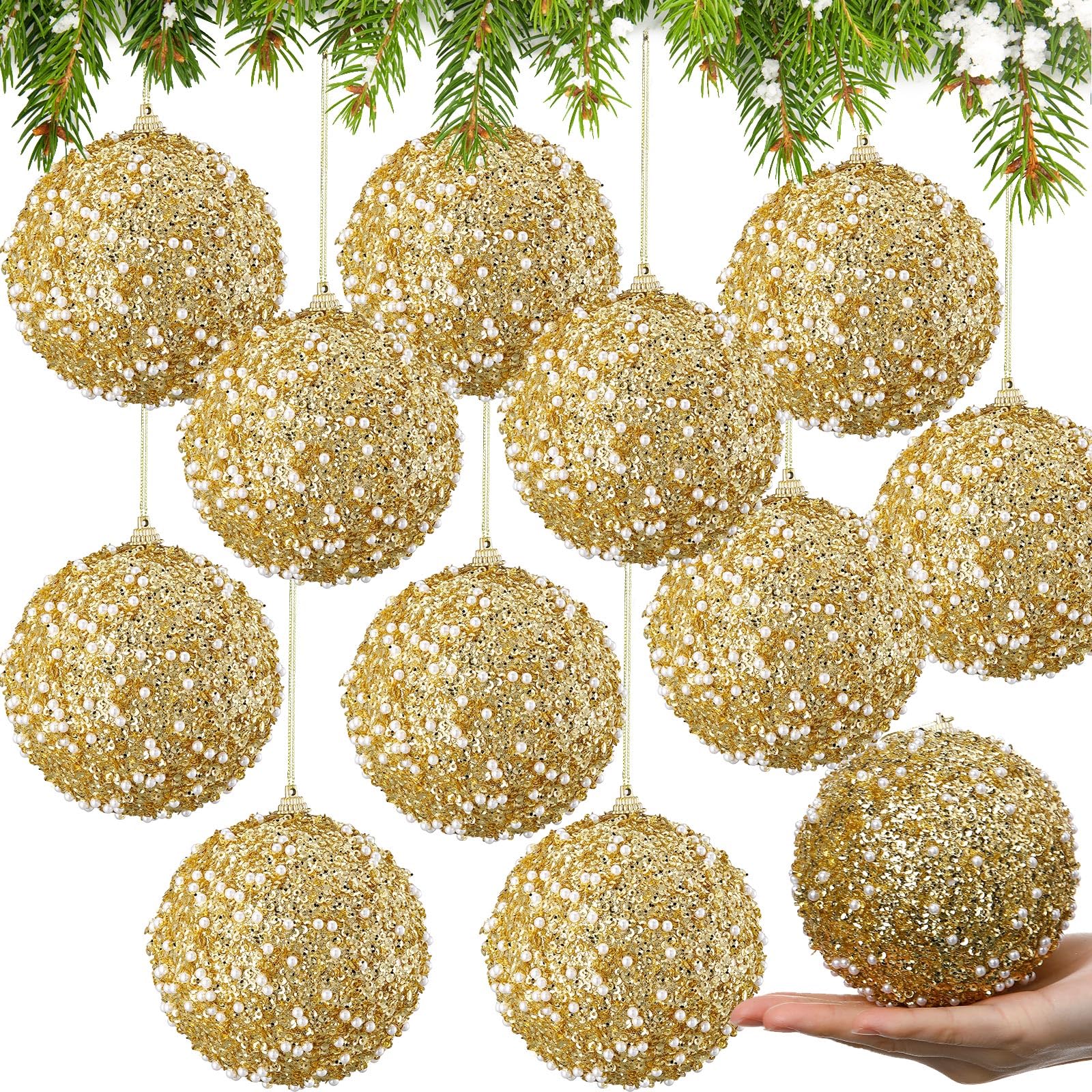 Lyrow 12 Pcs Large Glitter Christmas Ball Ornament 4 Inch Vintage Foam Christmas Tree Balls Sequin Hanging Ornament for Xmas Tre
