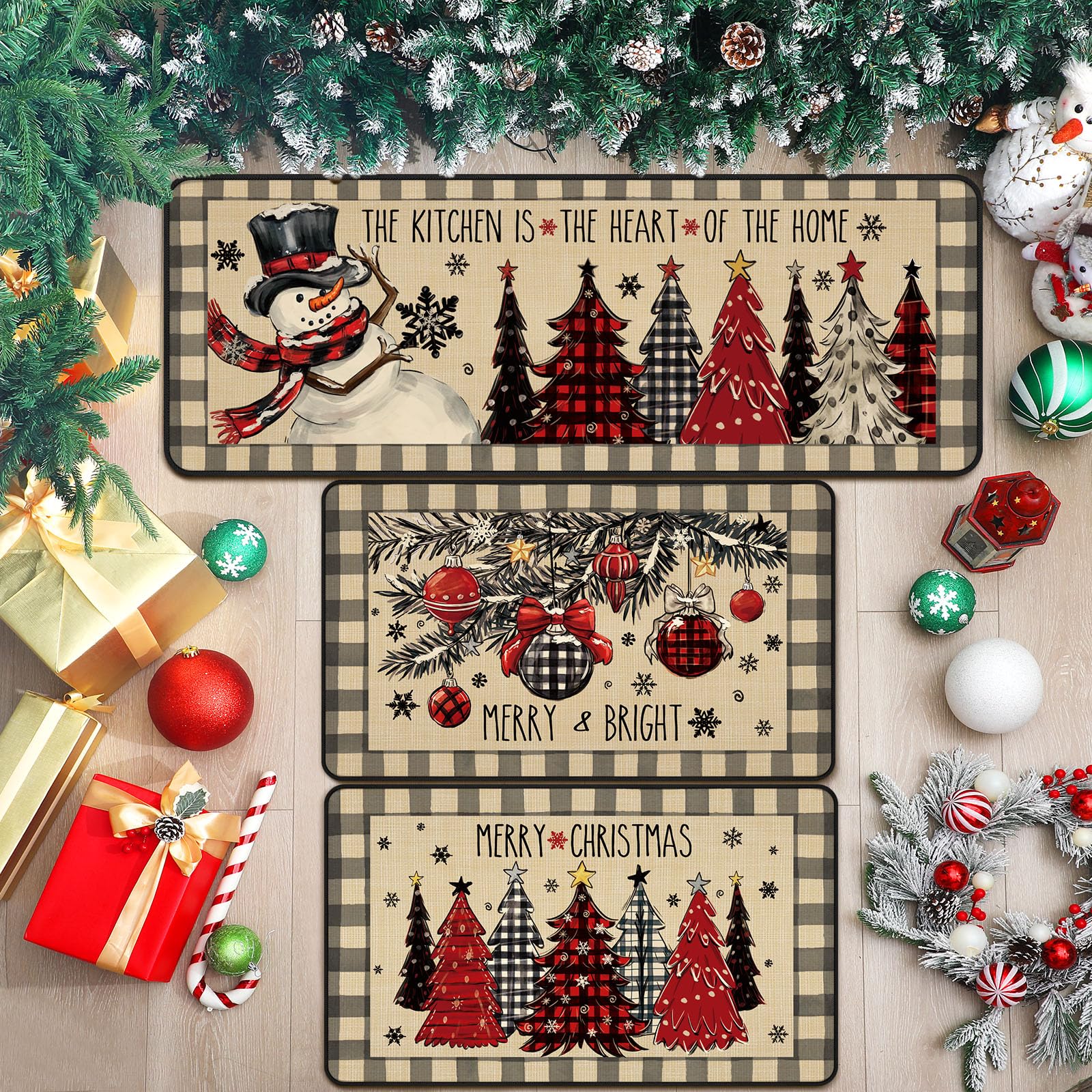 Drydiet 3 Pcs Christmas Kitchen Rug and Mat Set Washable Buffalo Plaid Xmas Tree Kitchen Floor Mats Non Slip Farmhouse Merry Chr