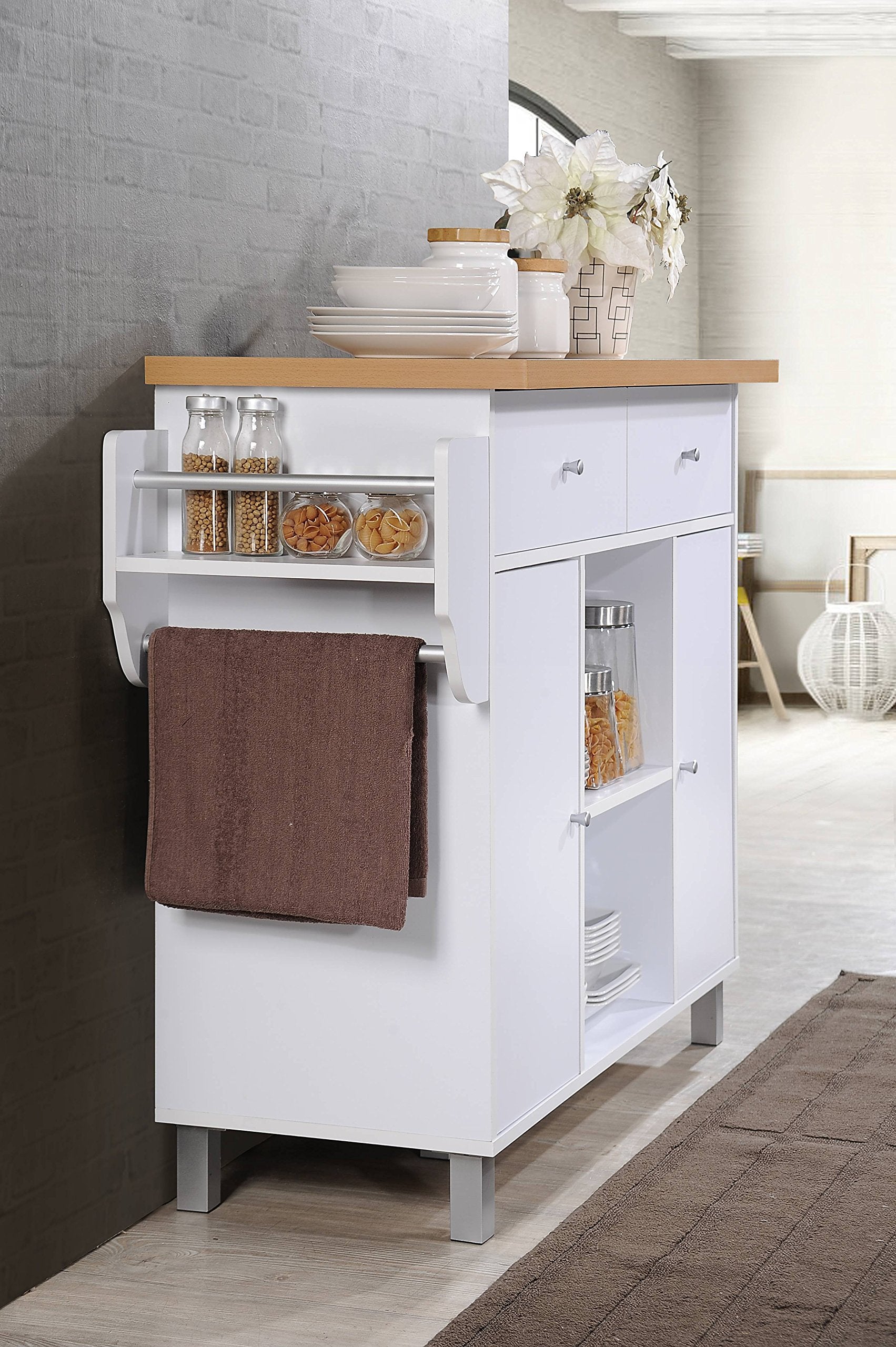 Hodedah Kitchen Island with Spice Rack plus Towel Holder in White