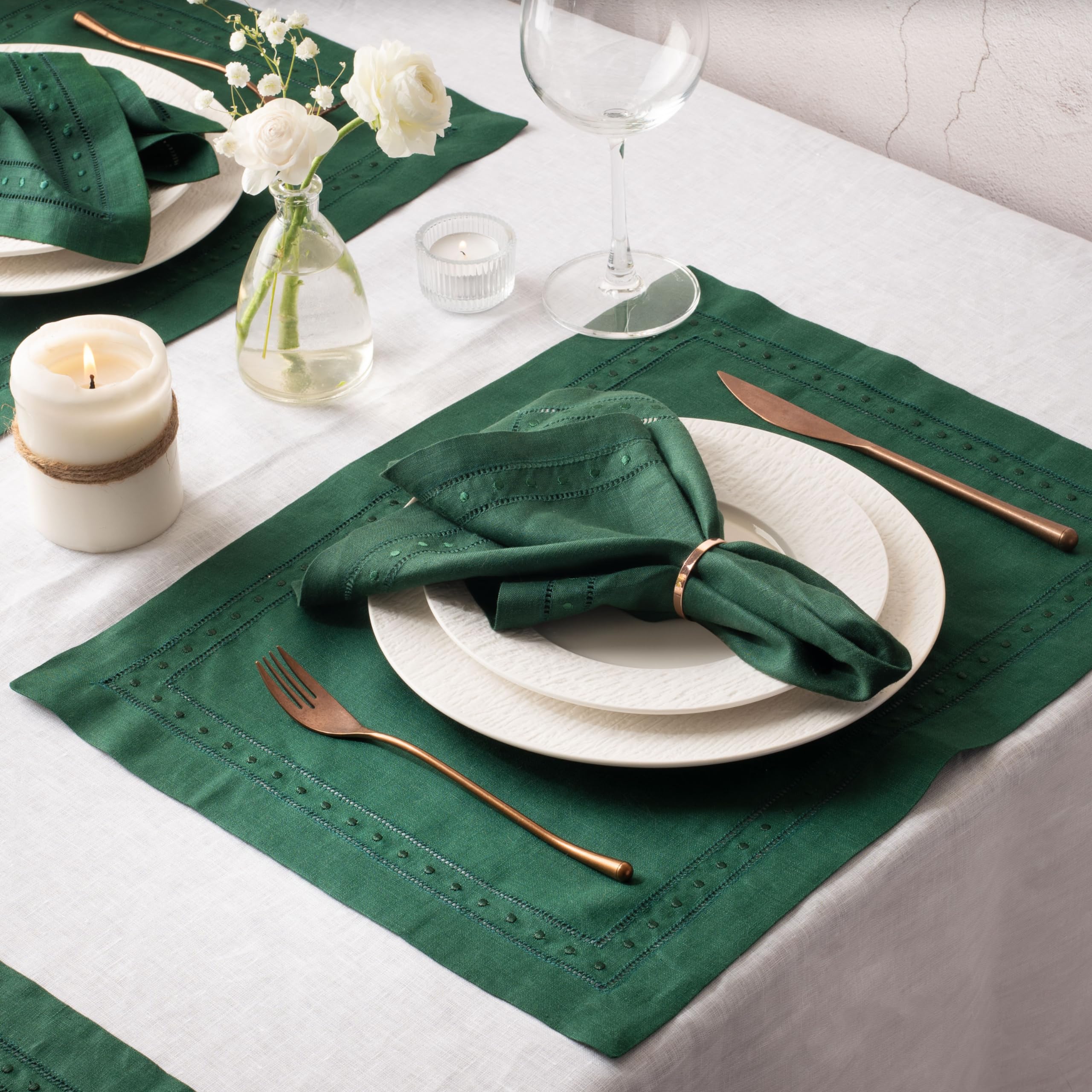 Linen Napkins Set Of 4-100% Pure Linen Forest Green Embroidered Dinner Napkins 18 X 18 Inch - Classic Hemstitch Cloth Napkins Wa