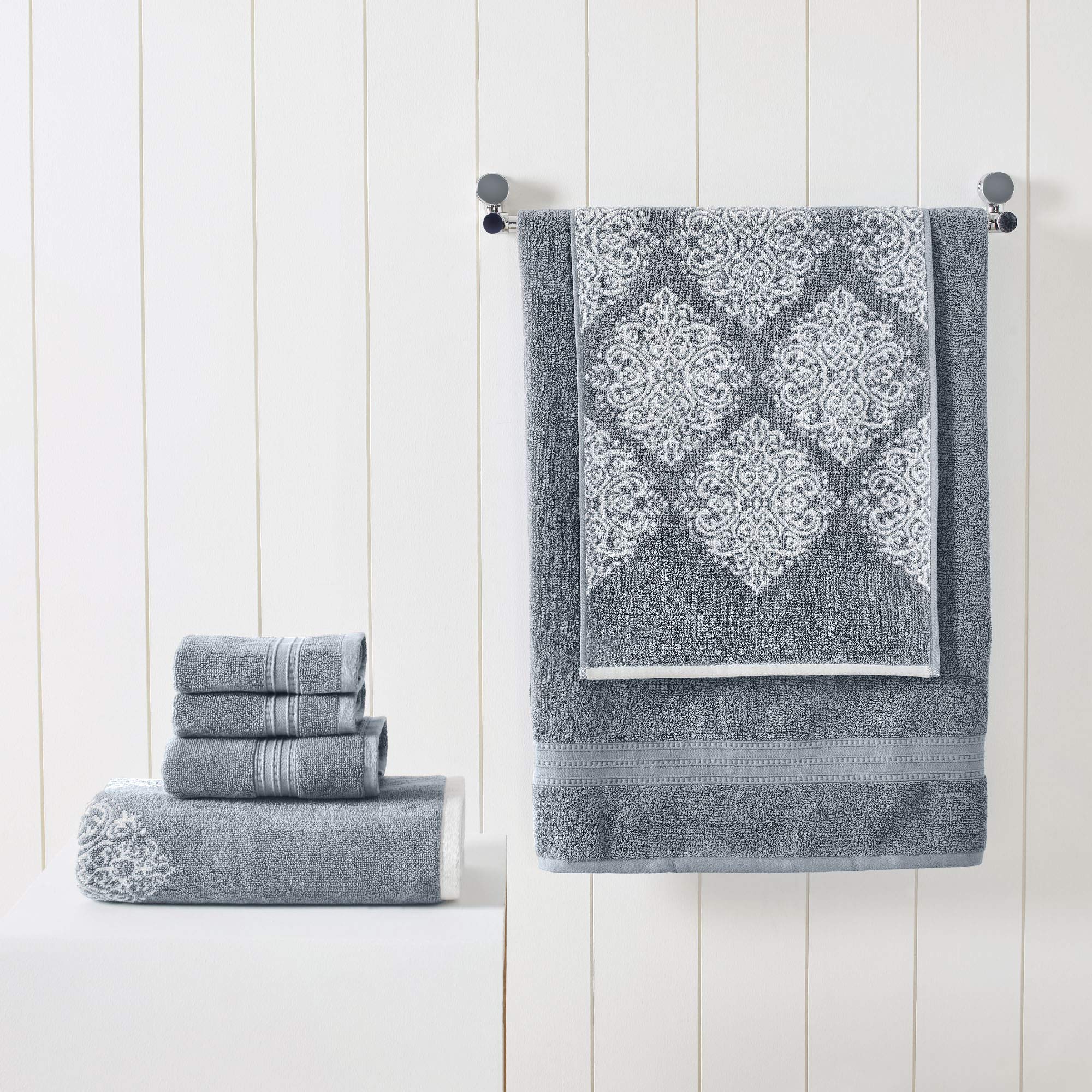 Amrapur Overseas | Artesia Damask 6 Piece Reversible Yarn Dyed Jacquard Towel Set (Sterling Blue)