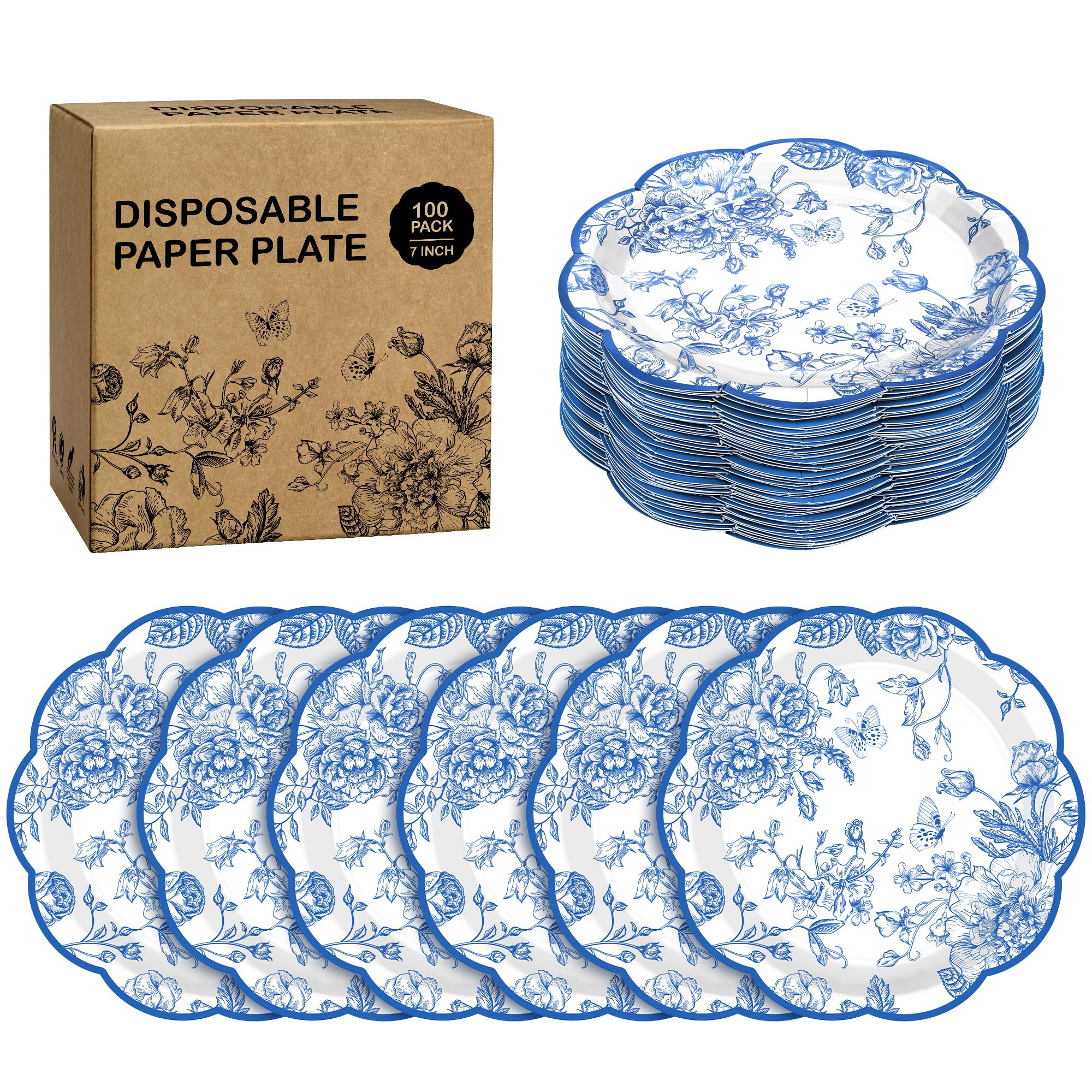 Kochorie 100 Pieces Blue Flower Paper Plates 7 Inches Disposable Floral Paper Plates Scalloped Blue Chinoiserie Vintage Flower D