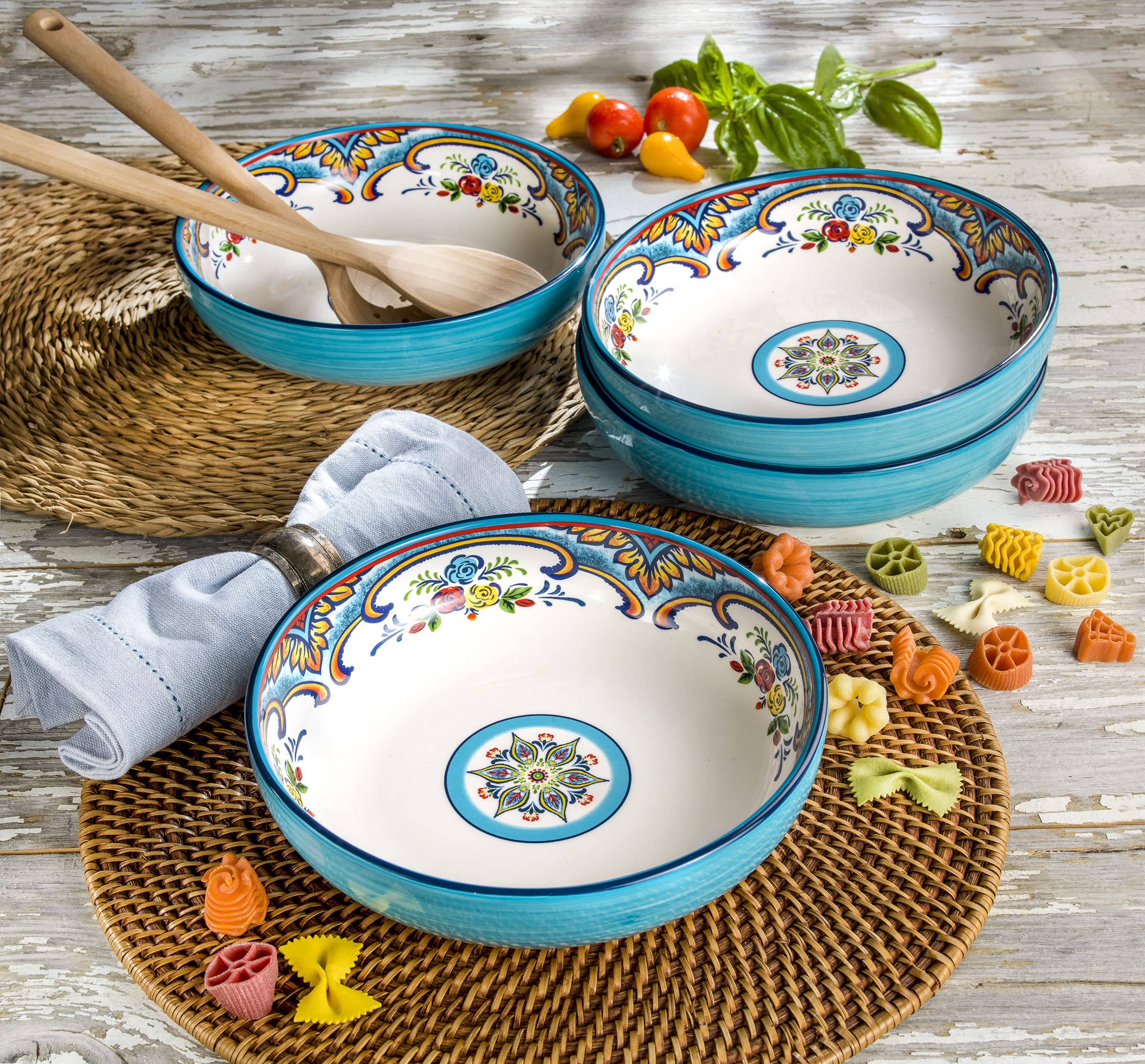 Euro Ceramica Zanzibar Collection Pasta Bowl Sets, Set Of 4, Spanish Floral Design, Multicolor Blue