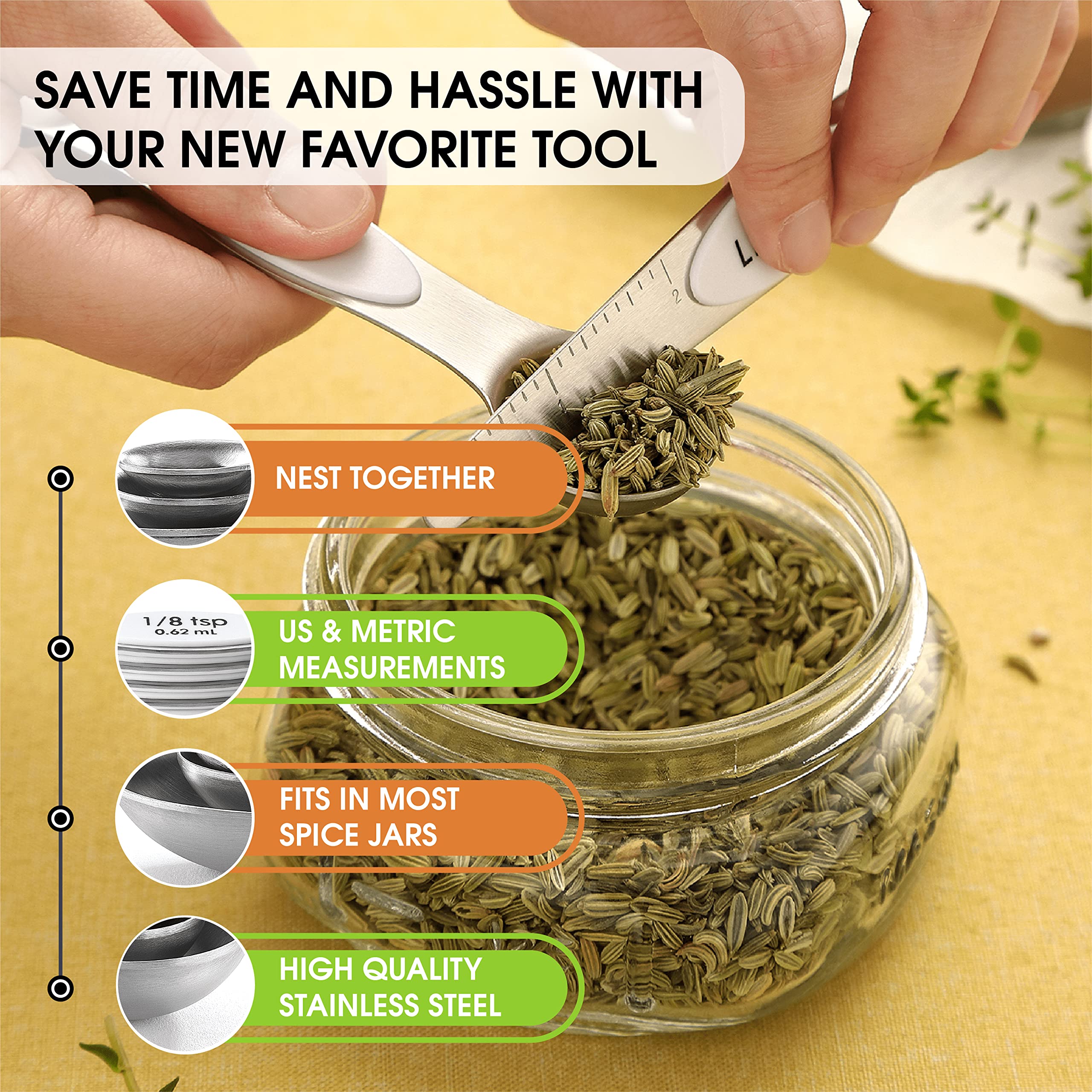 Spring Chef White Stainless Steel Magnetic Measuring Spoons Set Of 8 With Leveler, Dual Sided Metal Teaspoon & Tablespoon Measur