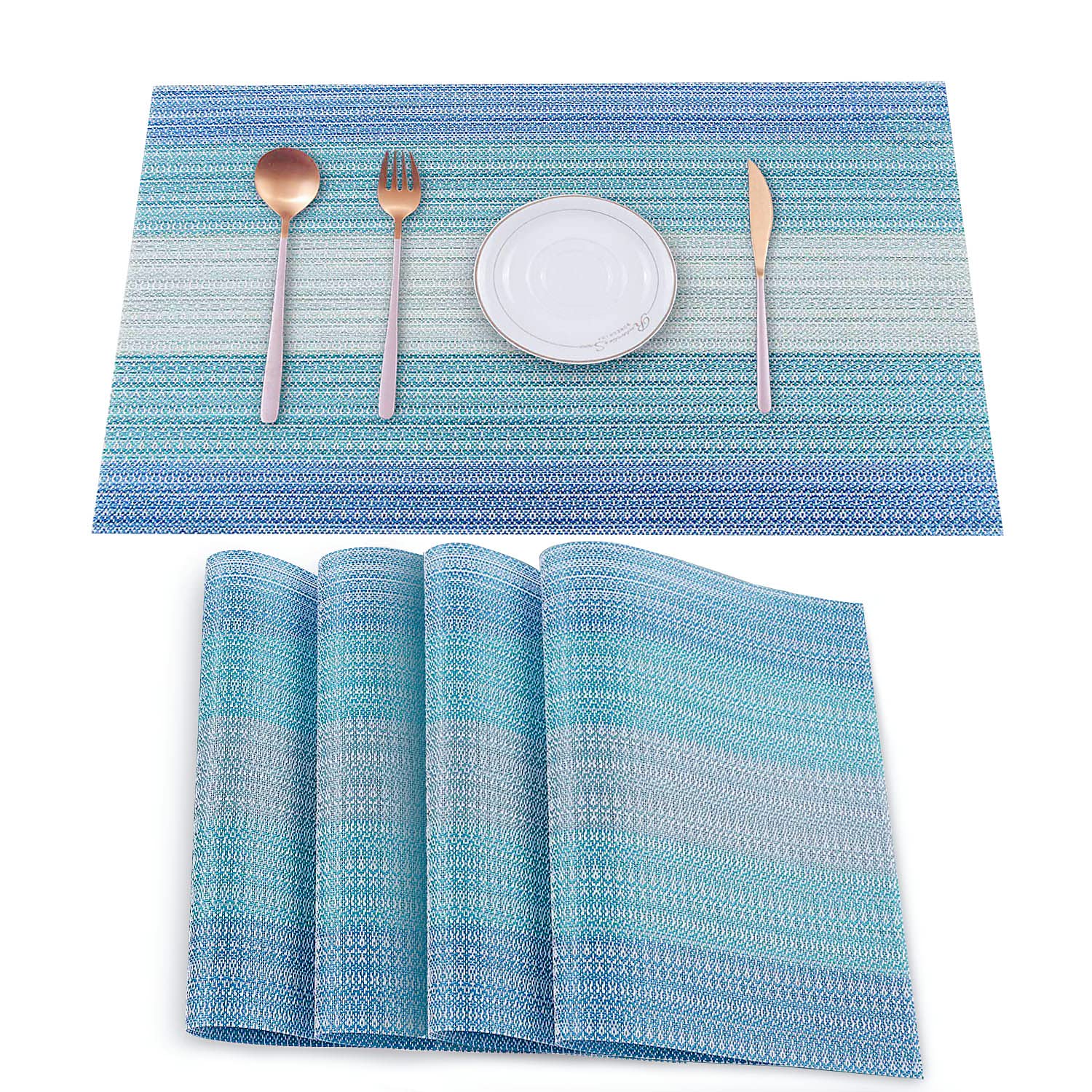 HeloHo Vinyl Placemats Set of 4 - Stain Resistant, Washable, Foldable, Blue for Kitchen & Dining Table Indoor/Outdoor
