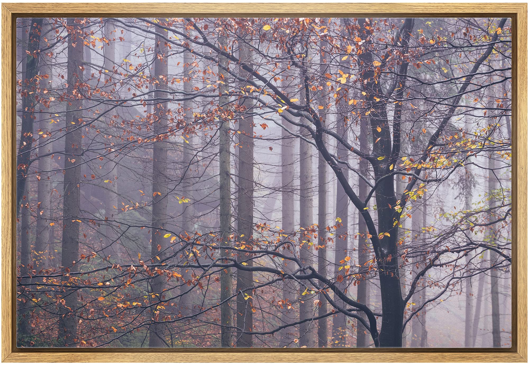 Wall26 Framed Canvas Print Wall Art Misty Autumn Forest & Trees With Yellow Leaves Nature Wilderness Photography Modern Art Rust