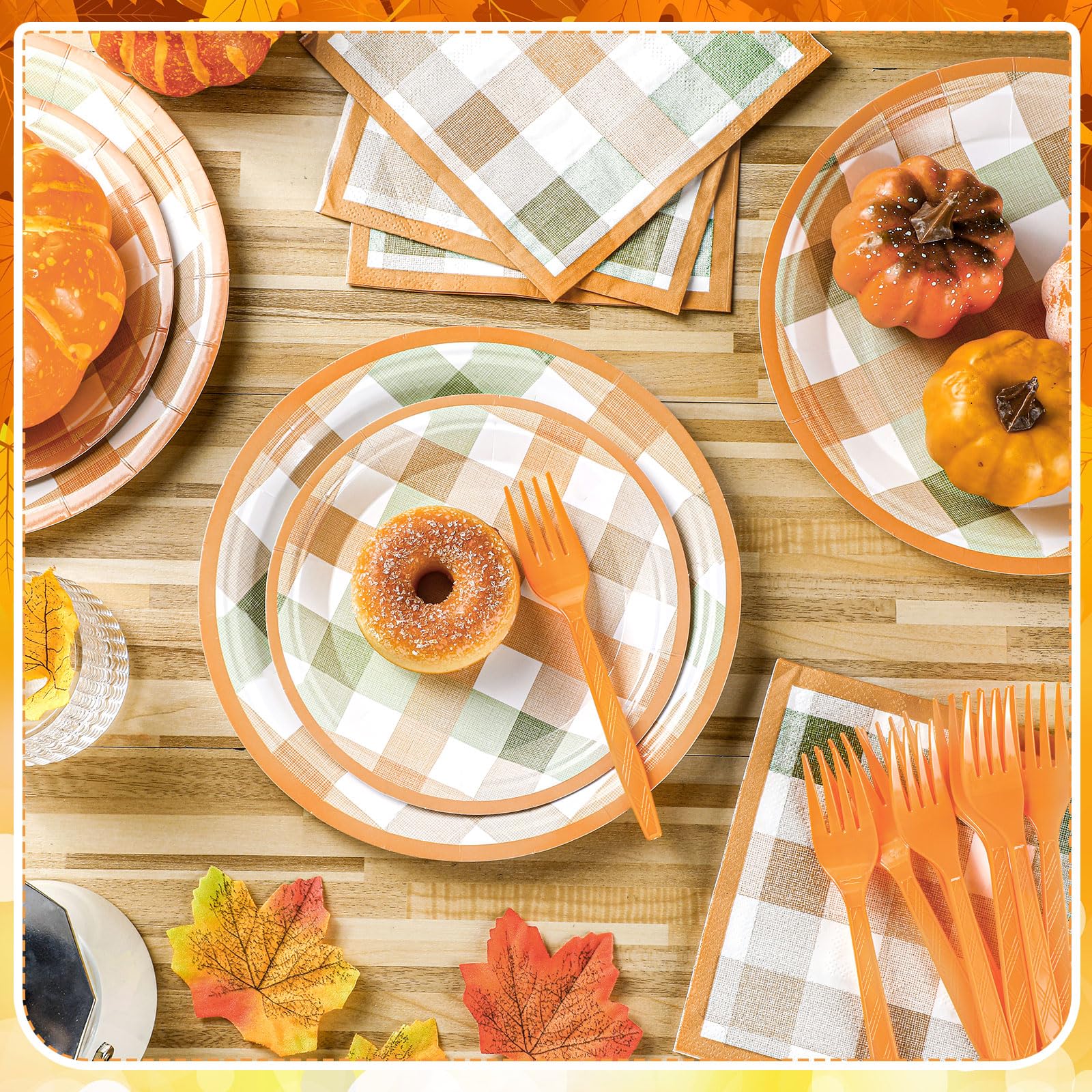 Honeydak 96 Pcs Fall Orange Plaid Party Supplies Thanksgiving Paper Plates and Napkins Fork Autumn Disposable Dinnerware Set Fal
