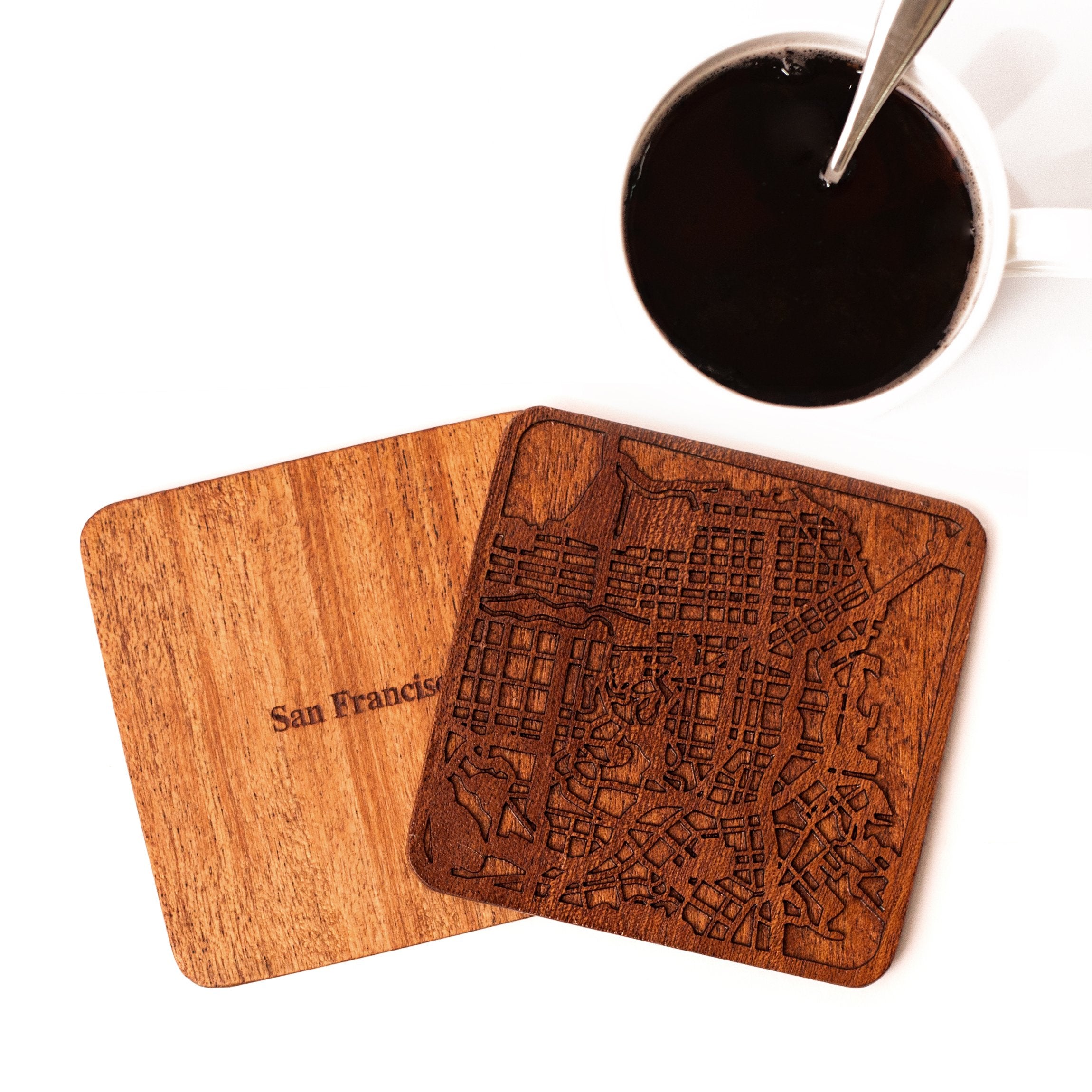 San Francisco Map Coaster By O3 Design Studio, 1 Piece, Sapele Wooden Coaster With City Map, Handmade, Multiple City Optional